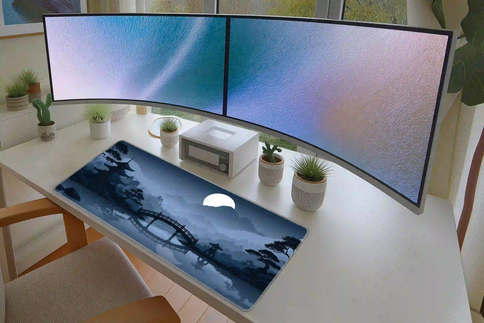 Full keyboard and mouse workspace using the Moonlit Japanese Pagoda desk mat