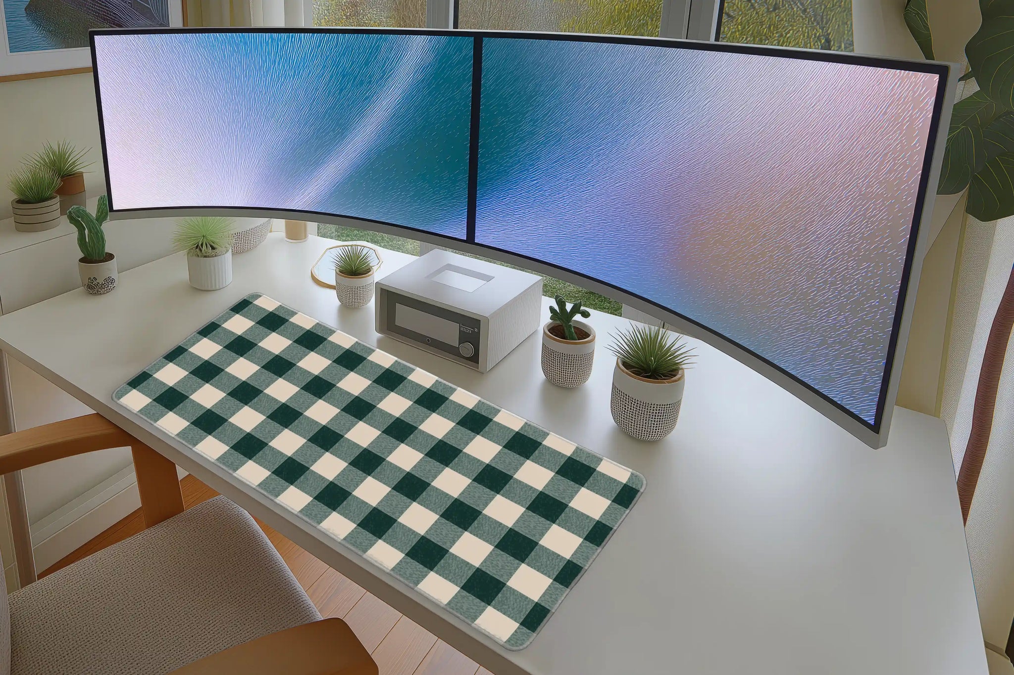 Green Checkered Desk Mat | Gingham Mouse Pad in a full desk setup with keyboard, mouse, and office accessories