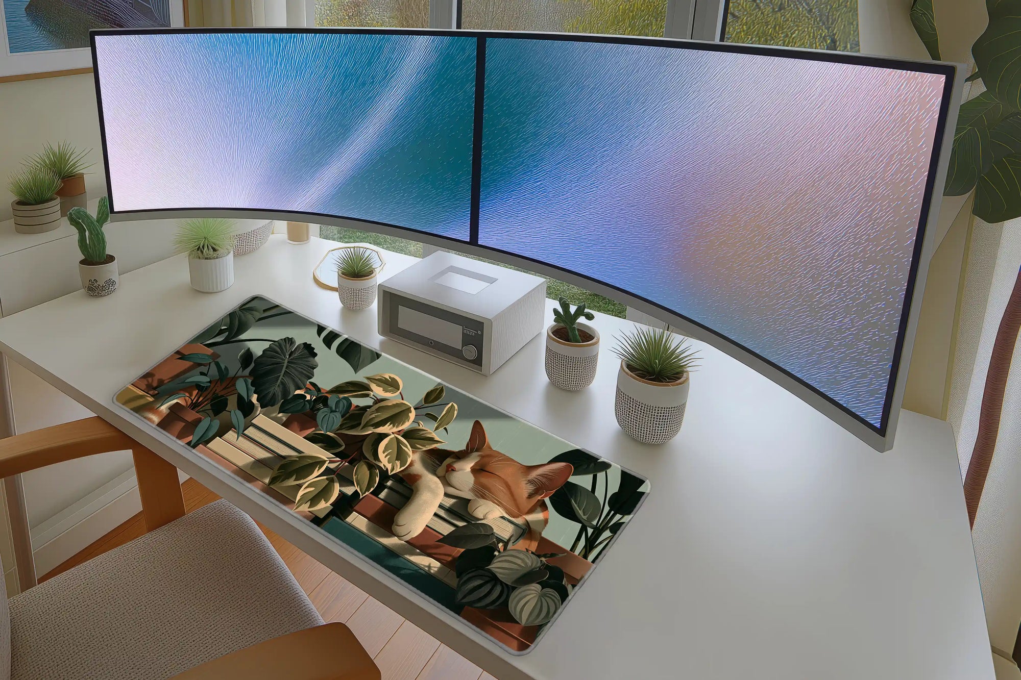 Cat on Books Desk Mat | Plant Lover Mouse Pad in a full desk setup with keyboard, mouse, and office accessories