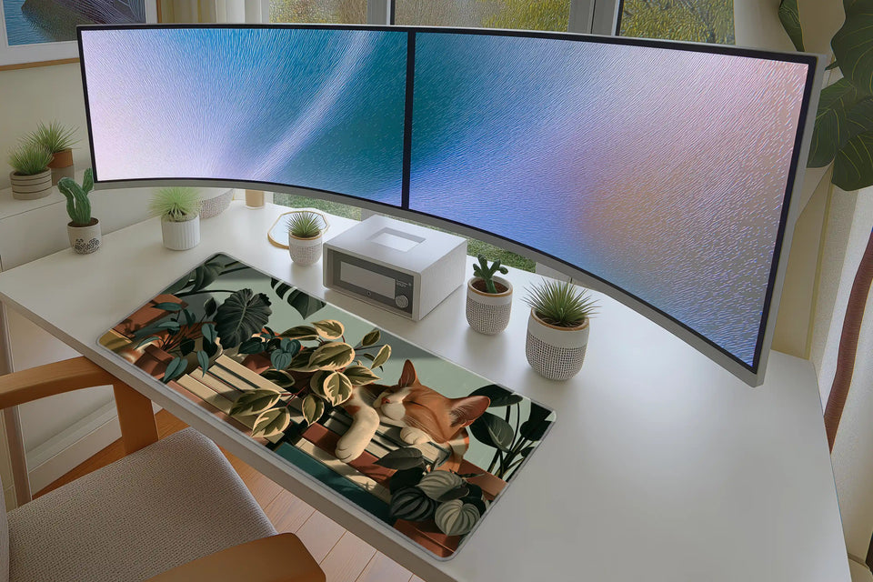 Cat on Books Desk Mat | Plant Lover Mouse Pad in a full desk setup with keyboard, mouse, and office accessories