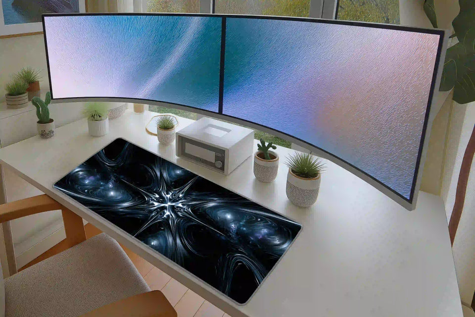 Chrome starburst liquid metal desk mat arranged in a keyboard and mouse gaming layout