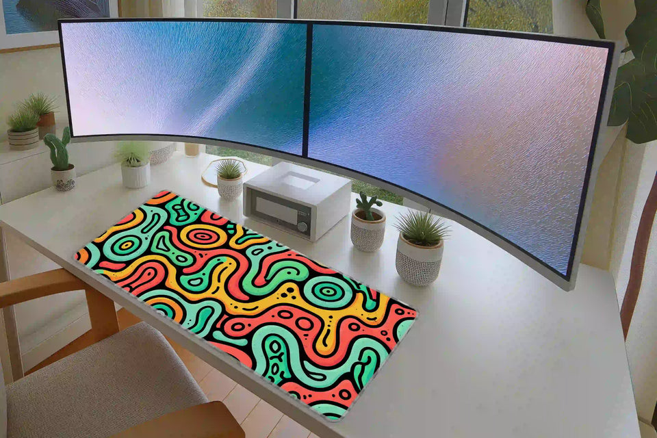 Office desk setup featuring the retro groovy colorful blob pattern extended mouse pad