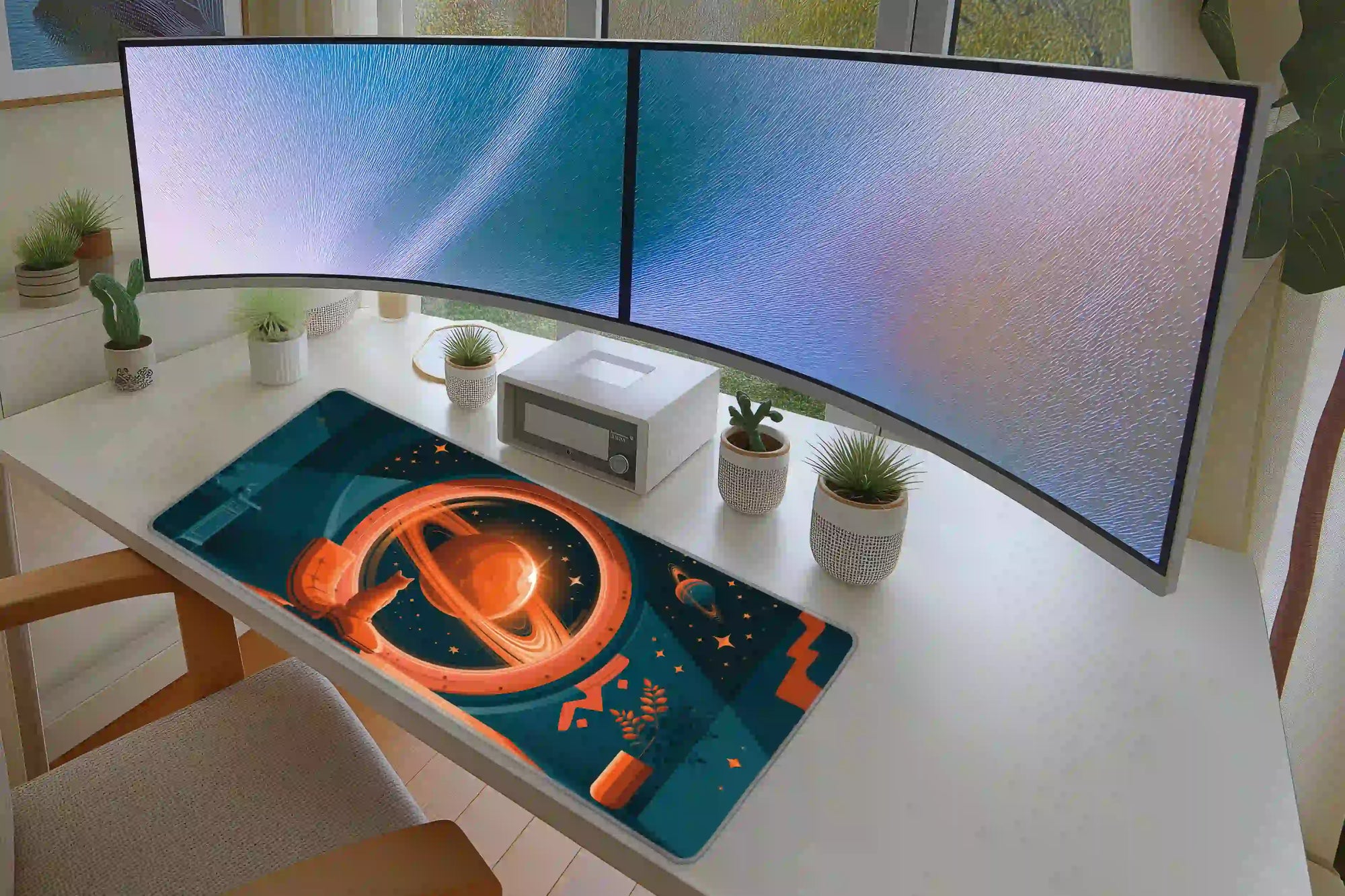 Retro Saturn Cat desk mat arranged under a keyboard and mouse on a student study desk
