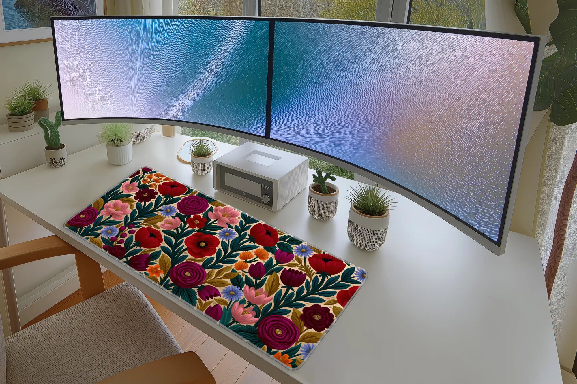 Colorful Floral Pattern desk mat wide surface for a keyboard and mouse layout