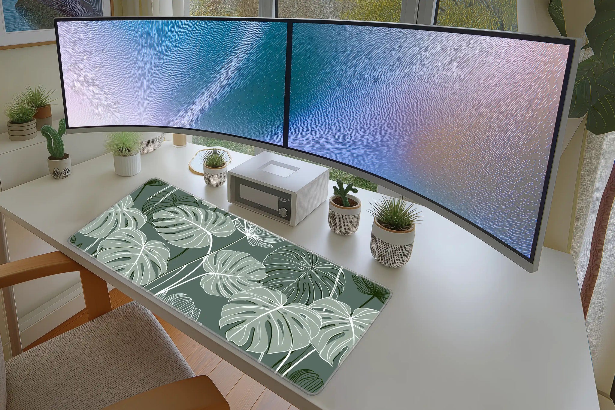 Sage Monstera Leaf Desk Mat | Botanical Mouse Pad in a full desk setup with keyboard, mouse, and office accessories