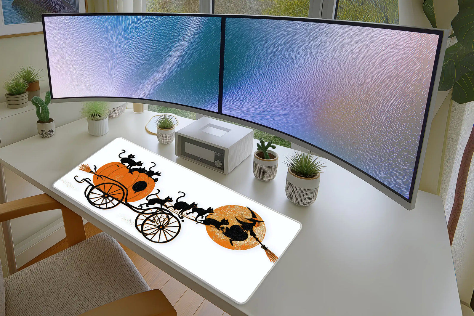 Halloween Witch & Cats Pumpkin Mousepad – Spooky Art Desk Mat