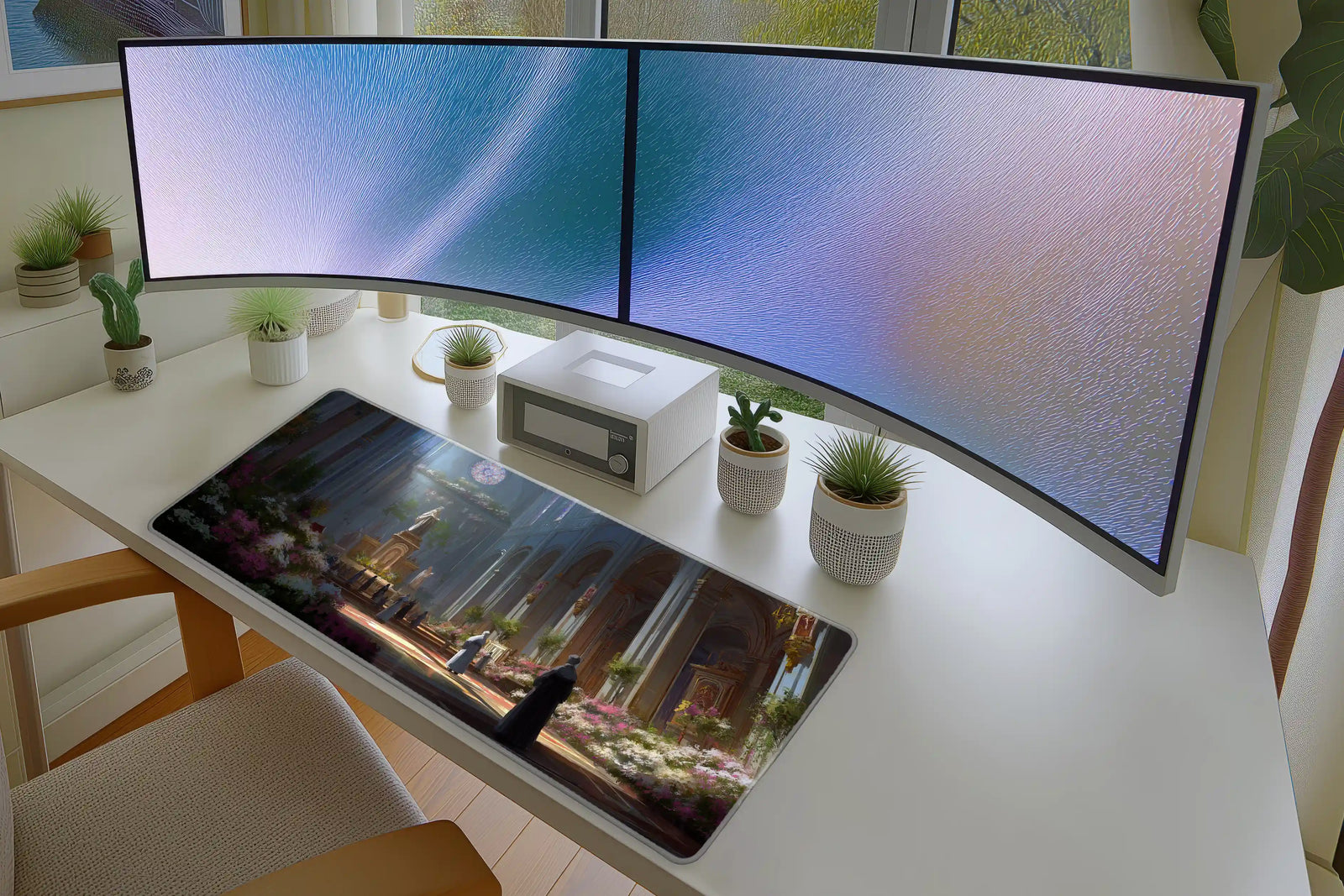 Sunlit Cathedral Garden Mousepad – Fantasy Sacred Interior Art