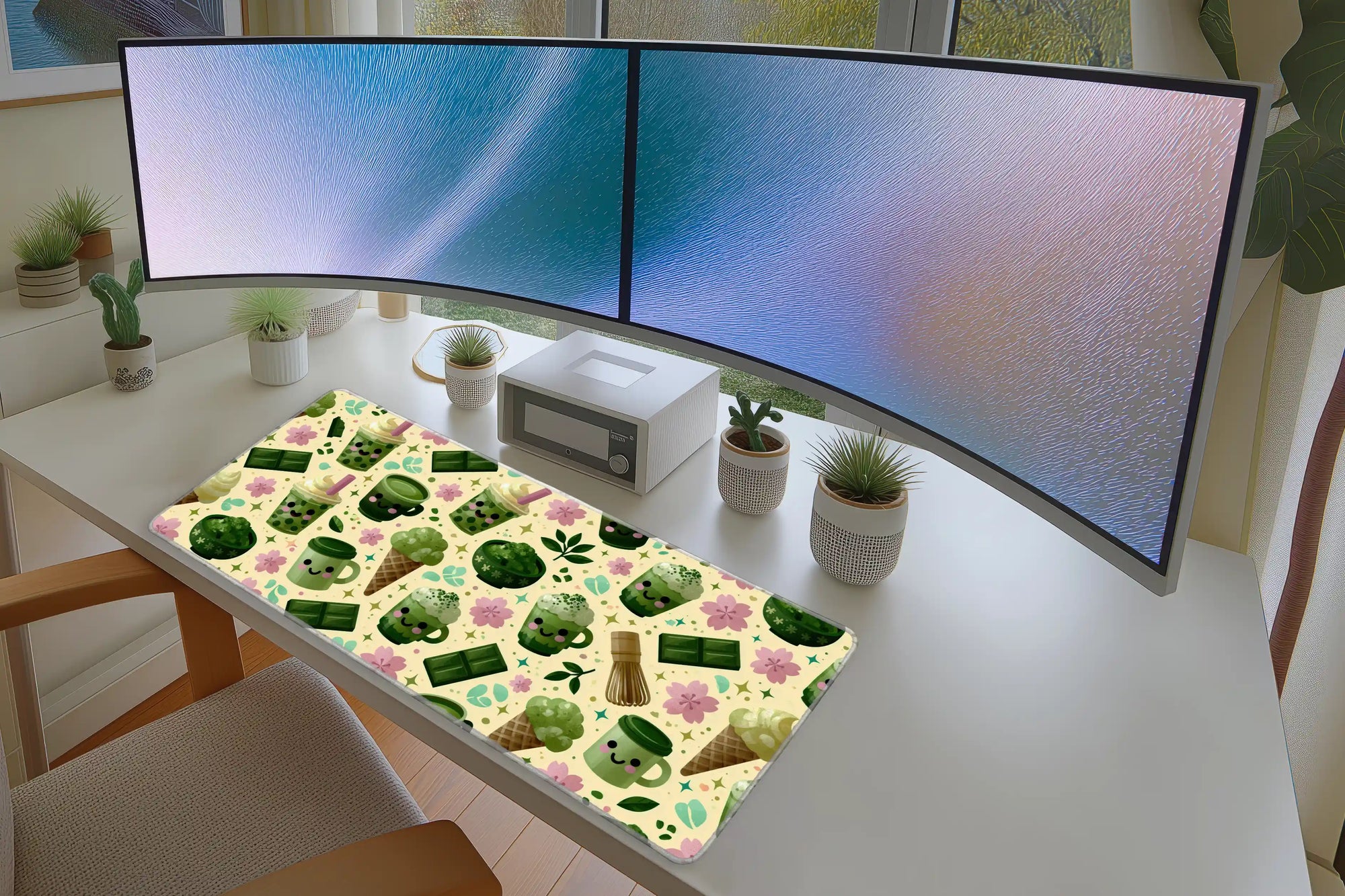 Matcha Dessert Desk Mat | Kawaii Green Tea Mouse Pad in a full desk setup with keyboard, mouse, and office accessories