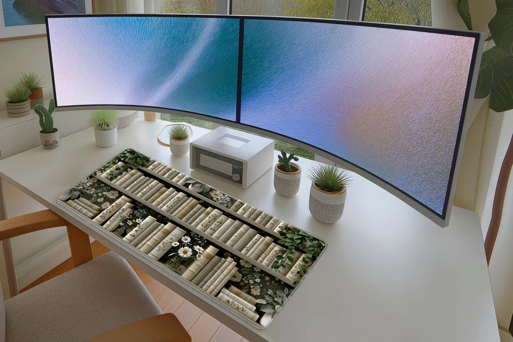 Lifestyle desk mockup of White Floral Bookshelf Desk Mat | Daisy Vine Pattern with keyboard and mouse layout