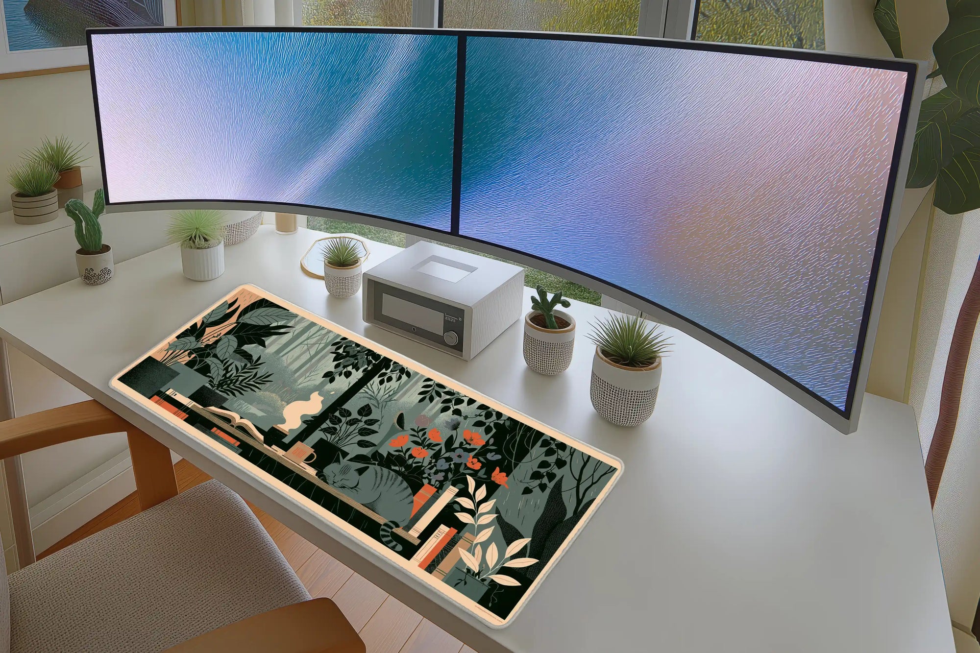 Lifestyle desk mockup of Botanical Cat Desk Mat | Forest Window Books with keyboard and mouse layout