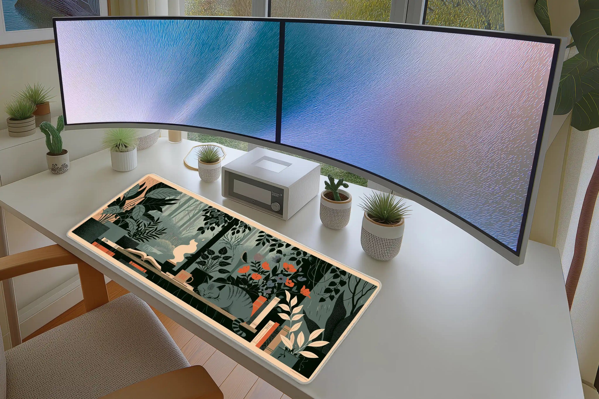 Lifestyle desk mockup of Botanical Cat Desk Mat | Forest Window Books with keyboard and mouse layout