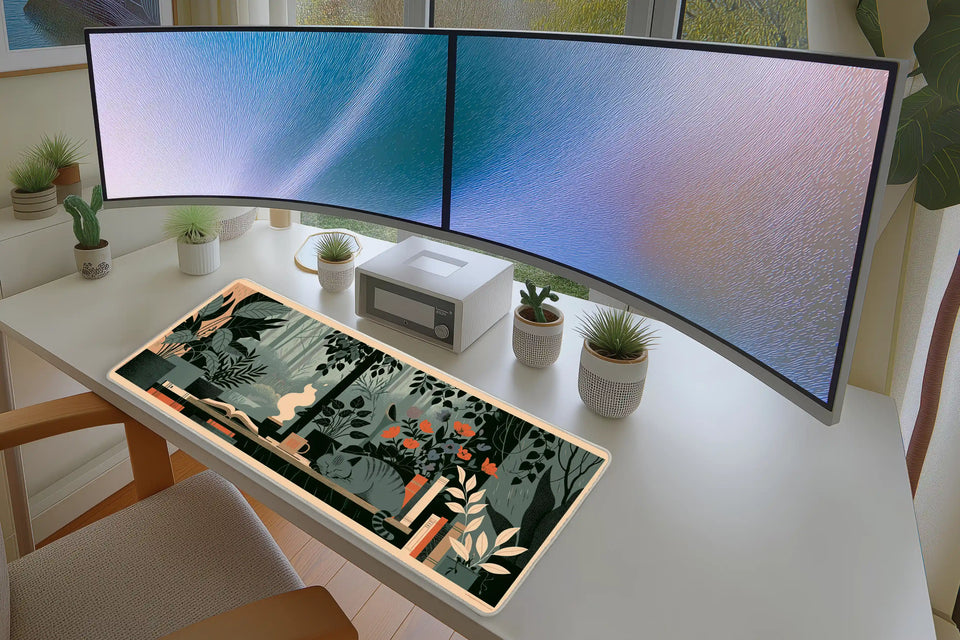 Lifestyle desk mockup of Botanical Cat Desk Mat | Forest Window Books with keyboard and mouse layout