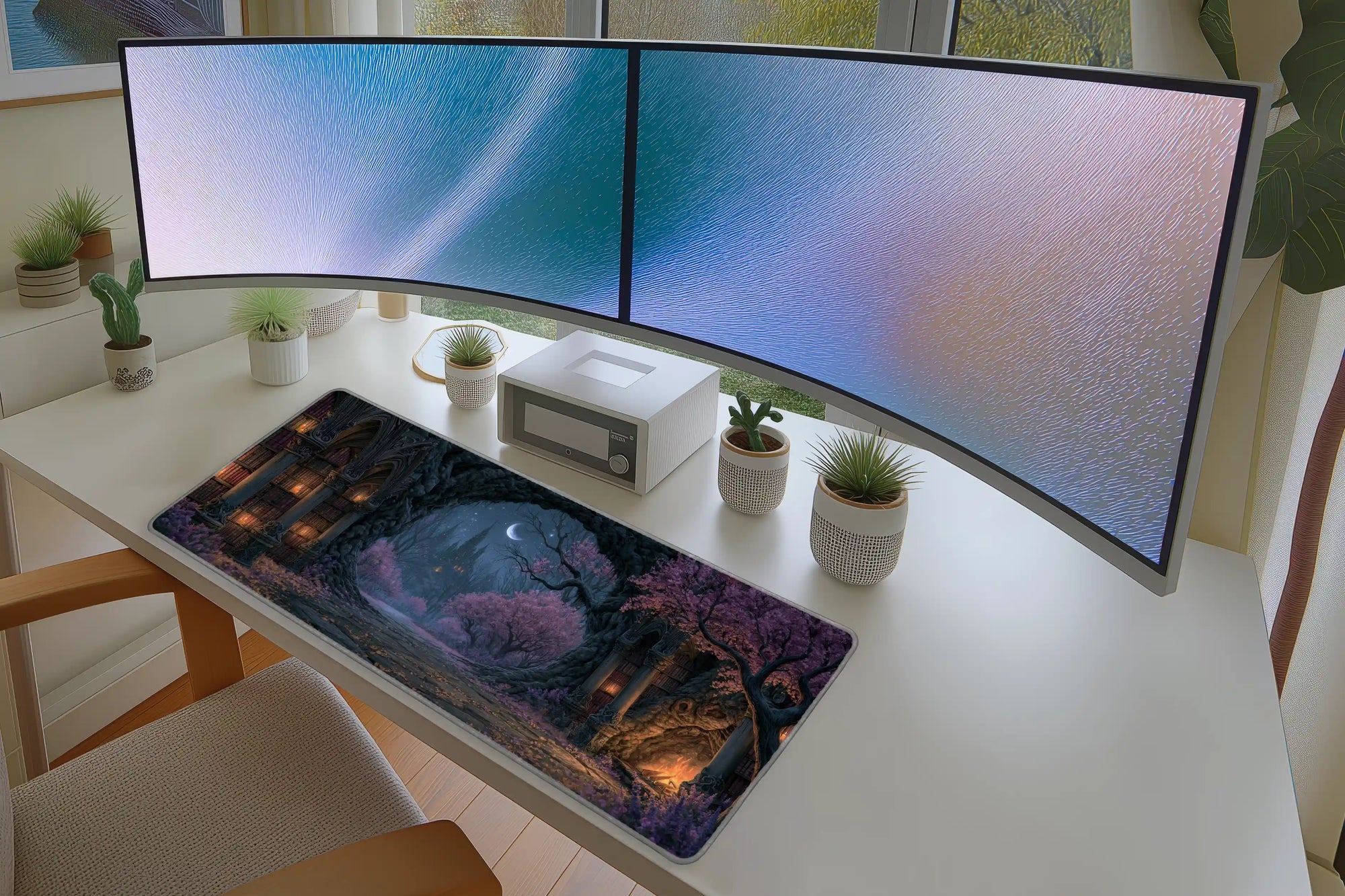 Lifestyle desk mockup of Fantasy Forest Library Desk Mat | Gothic Arches with keyboard and mouse layout