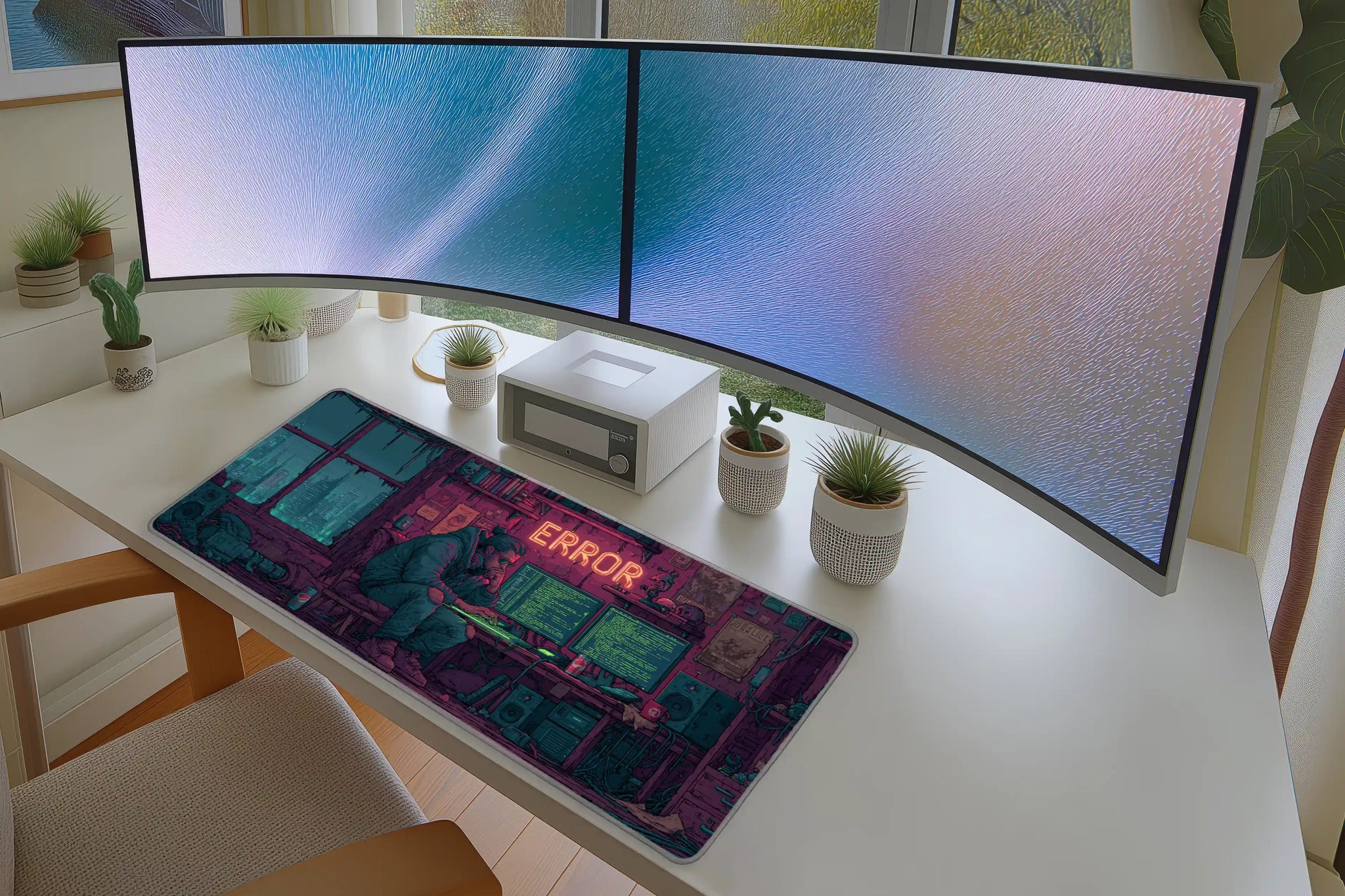 8-Bit Coding Room Desk Mat | Programmer Mouse Pad in a full desk setup with keyboard, mouse, and office accessories