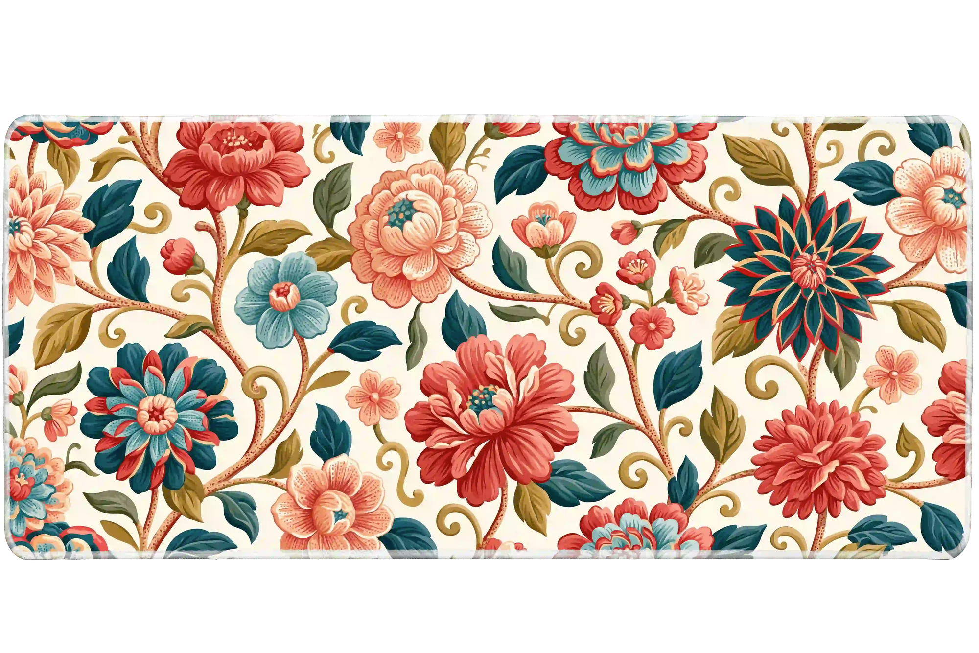 Overhead Jacobean Floral desk mat view with ornate flowers woven through curling vines and leafy branches