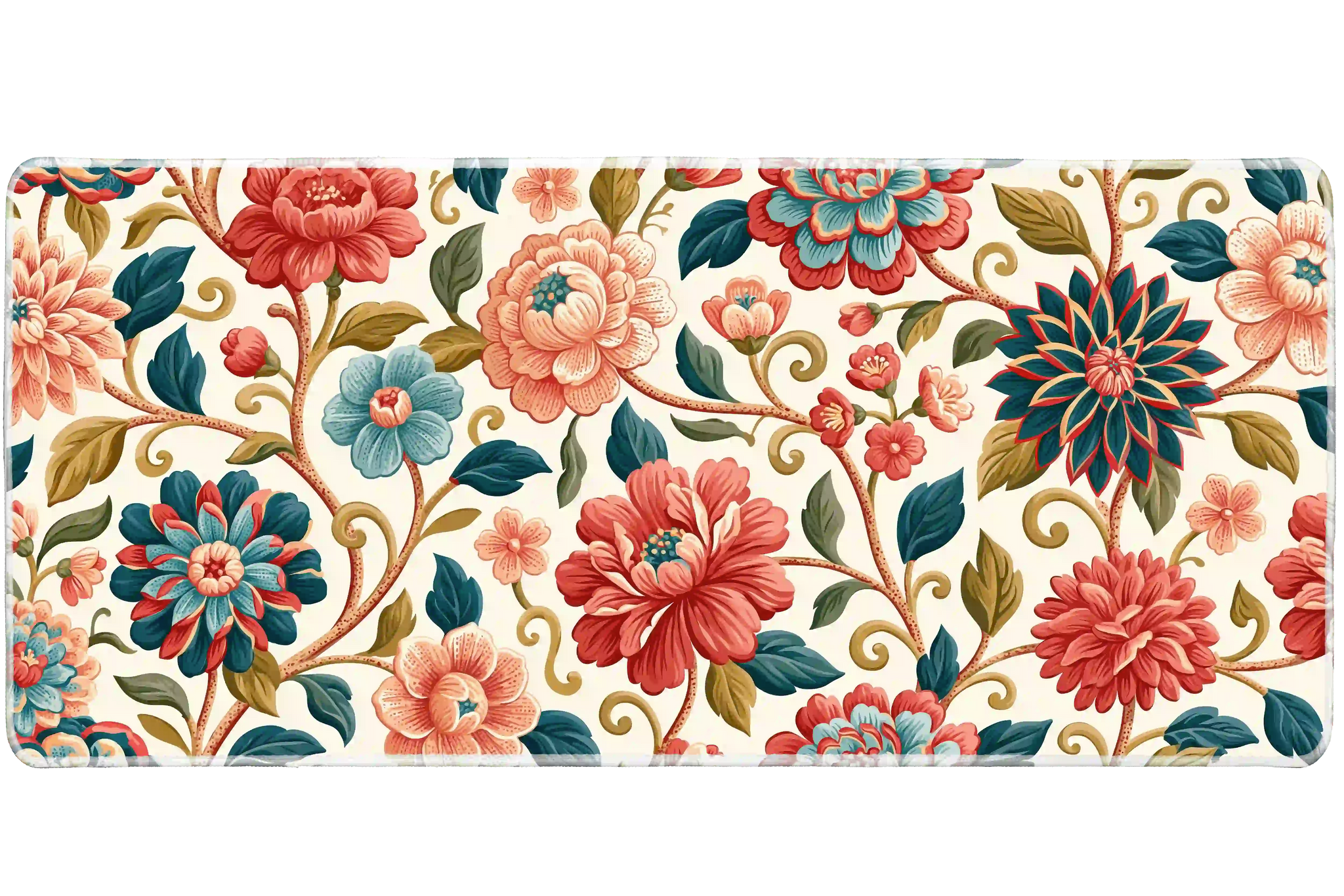 Overhead Jacobean Floral desk mat view with ornate flowers woven through curling vines and leafy branches