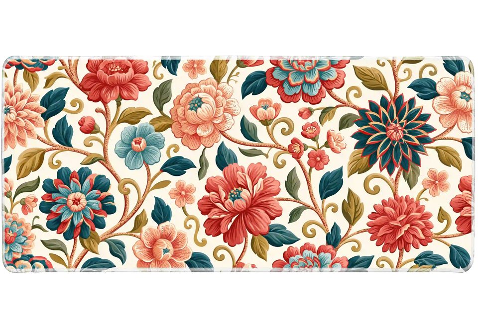 Overhead Jacobean Floral desk mat view with ornate flowers woven through curling vines and leafy branches