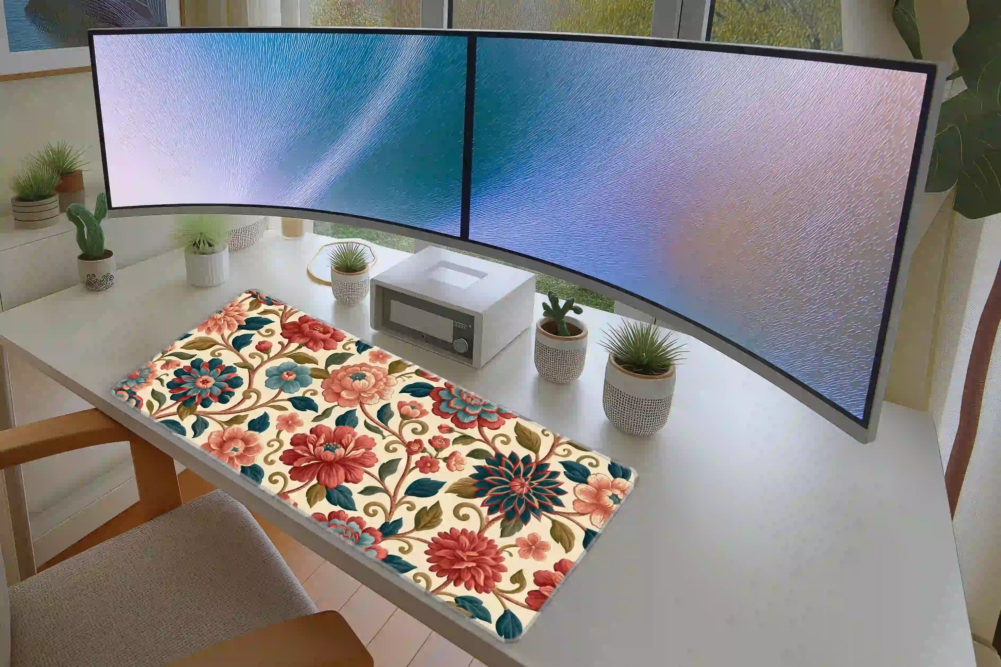 Keyboard and mouse layout on the Jacobean Floral desk mat for a gaming setup