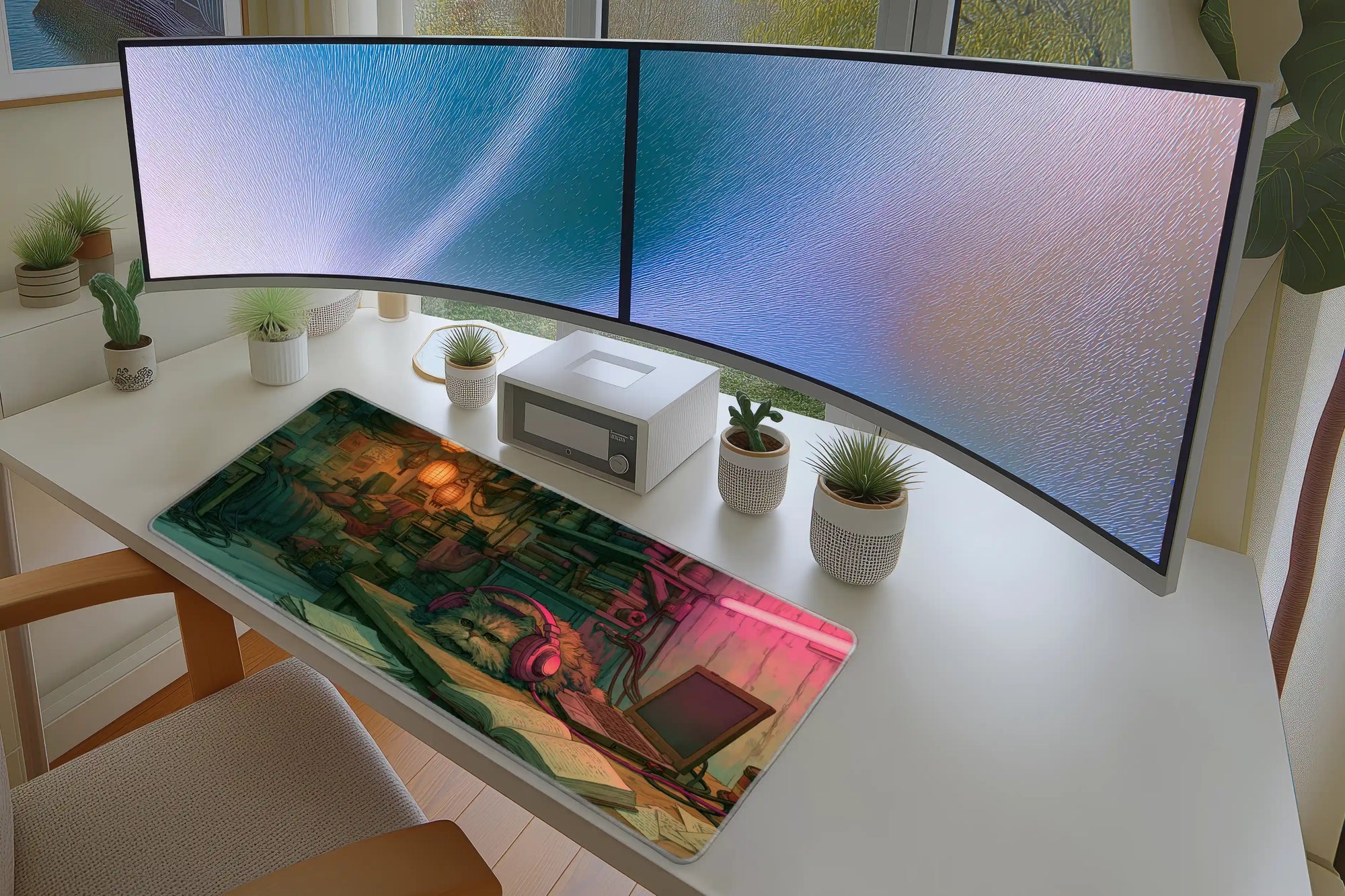 Fluffy Gamer Cat Desk Mat | Cozy Room Mouse Pad in a full desk setup with keyboard, mouse, and office accessories