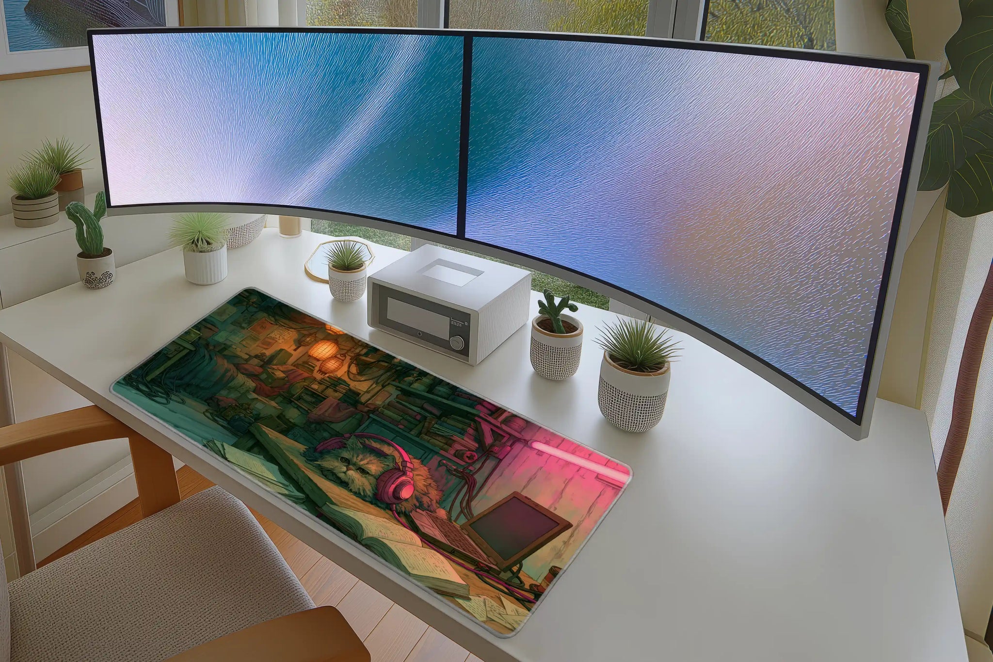 Fluffy Gamer Cat Desk Mat | Cozy Room Mouse Pad in a full desk setup with keyboard, mouse, and office accessories