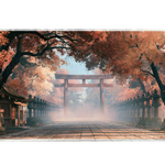 Wide view of the Autumn Torii Shrine desk mat featuring a torii gate, stone lanterns and a maple-lined temple path
