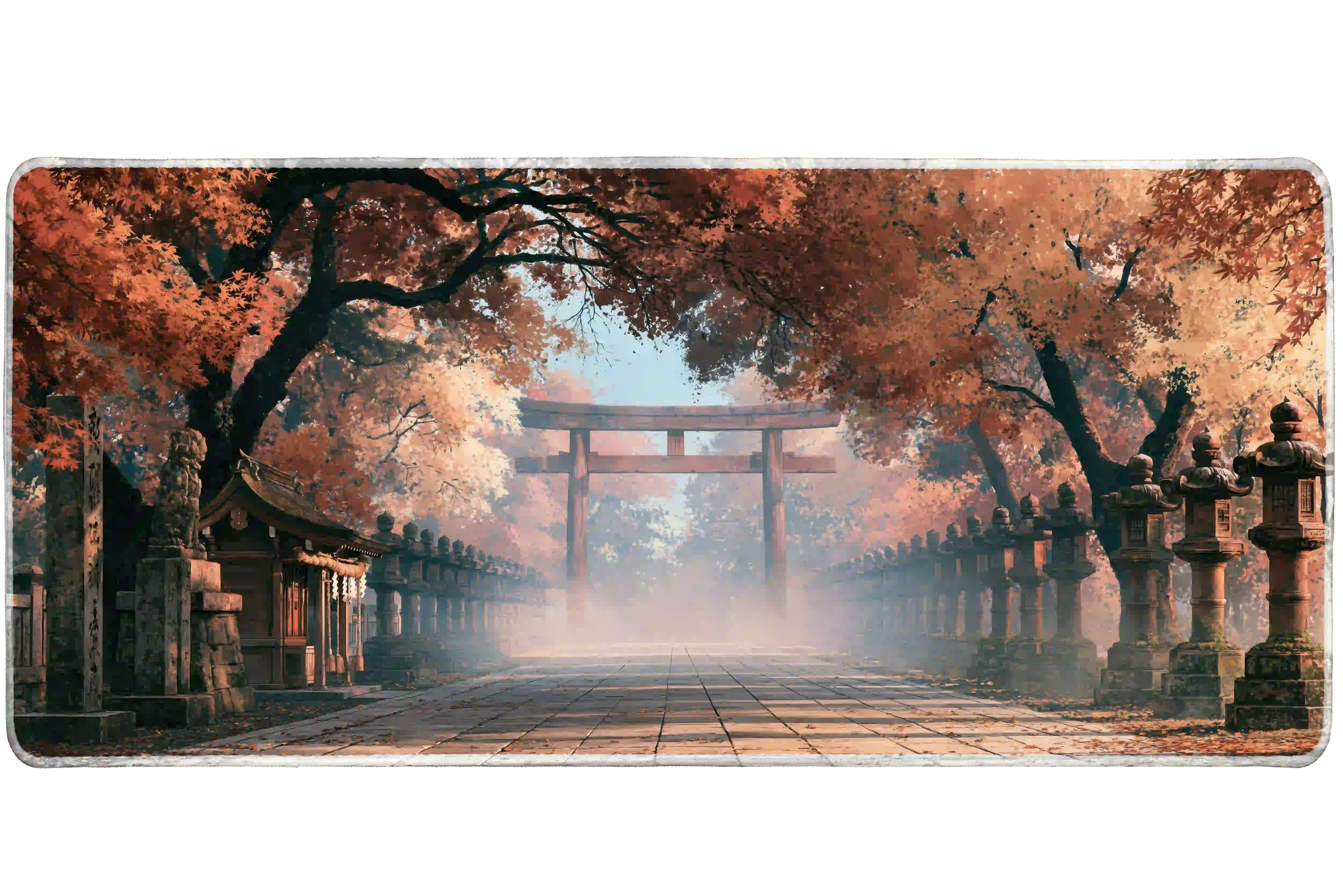 Wide view of the Autumn Torii Shrine desk mat featuring a torii gate, stone lanterns and a maple-lined temple path