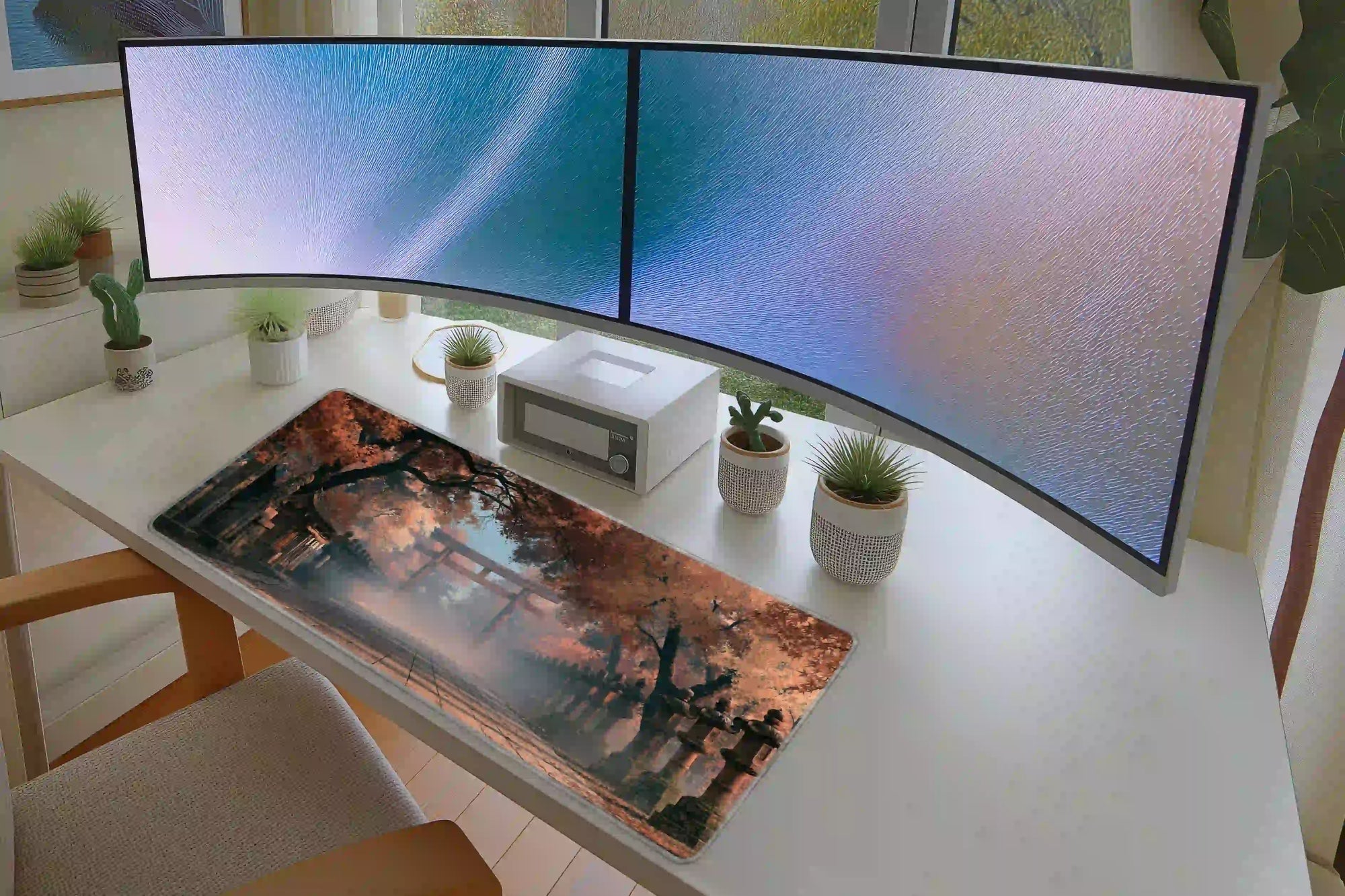 Autumn Torii Shrine desk mat in a full office setup with keyboard and mouse