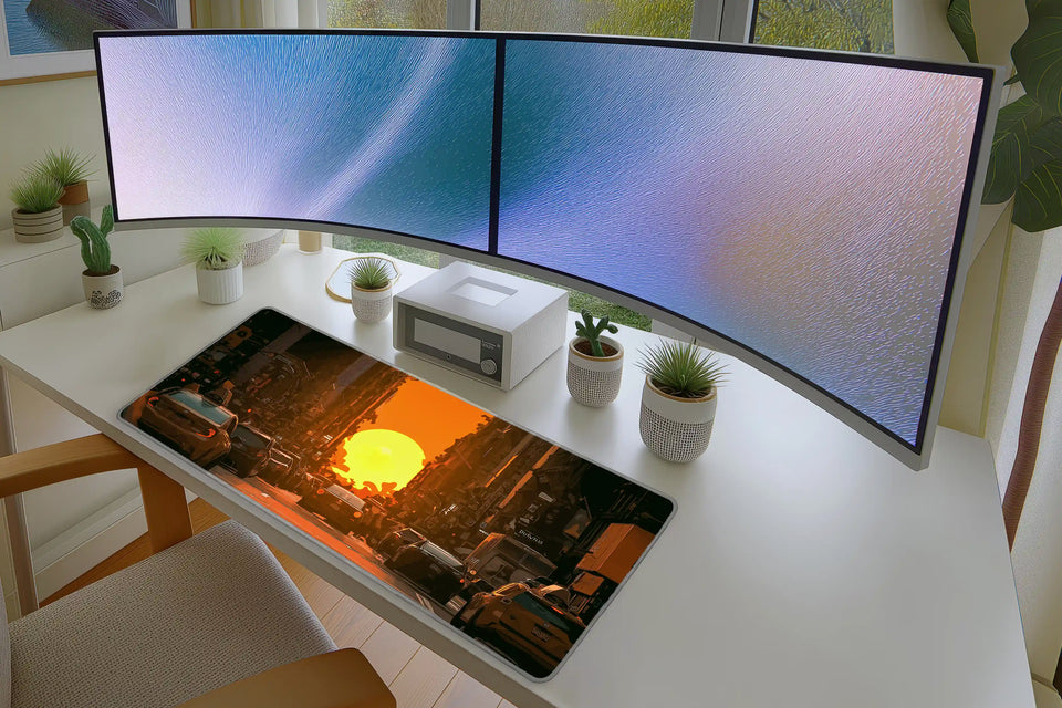 City Sunset Mousepad – Urban Glow & Traffic Silhouette