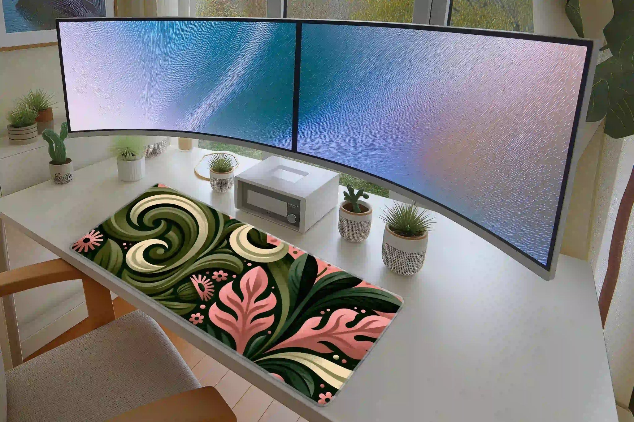 Pink and Green Retro Botanical Swirl Desk Mat