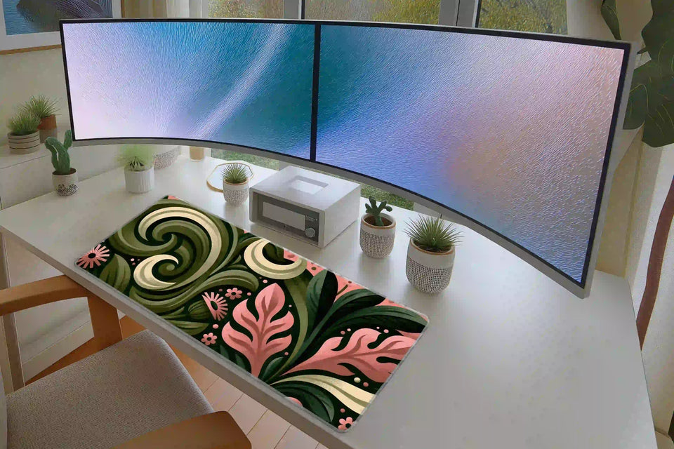 Pink and Green Retro Botanical Swirl Desk Mat