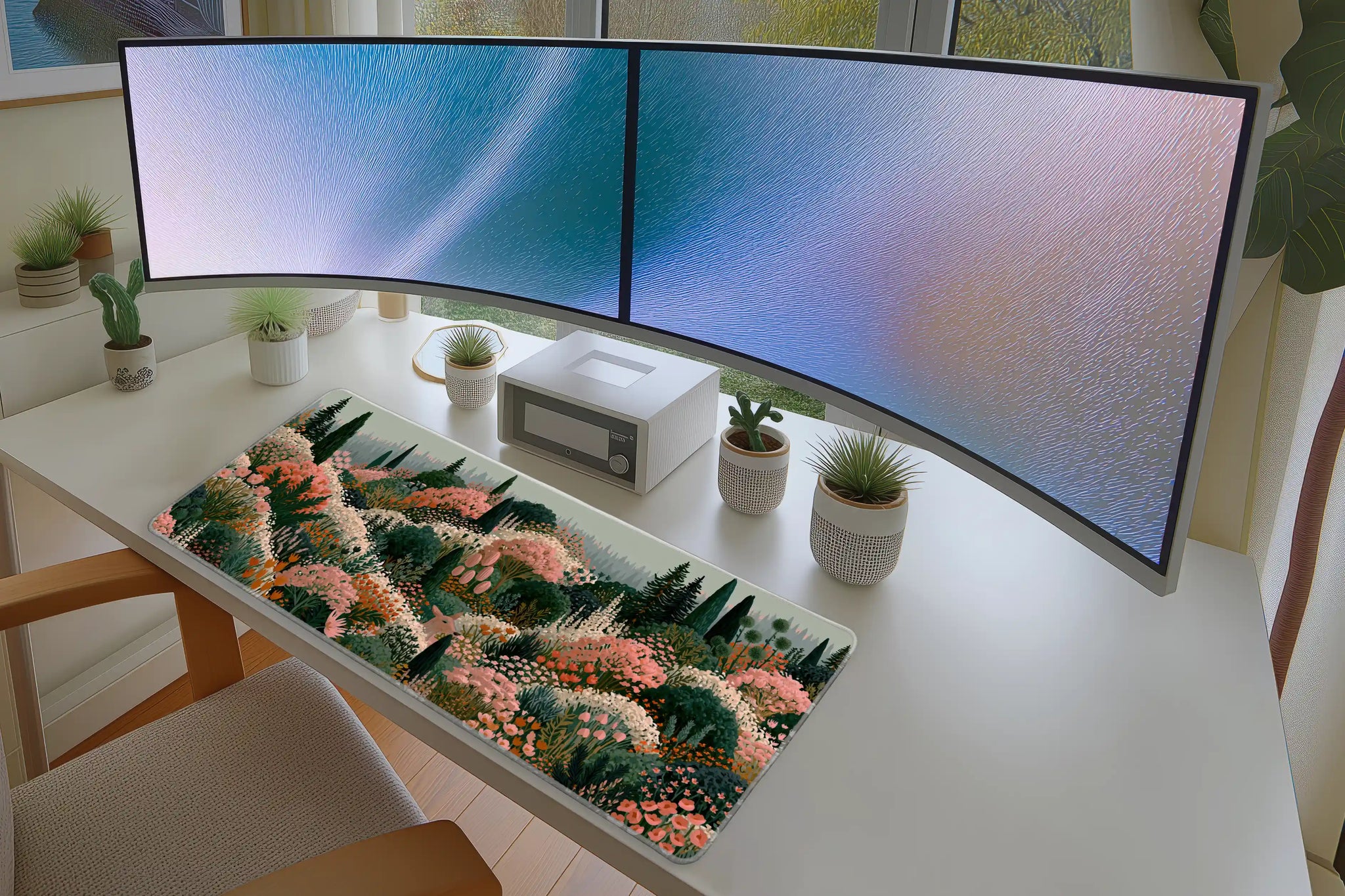 Wildflower Garden Landscape desk mat wide surface for a keyboard and mouse layout