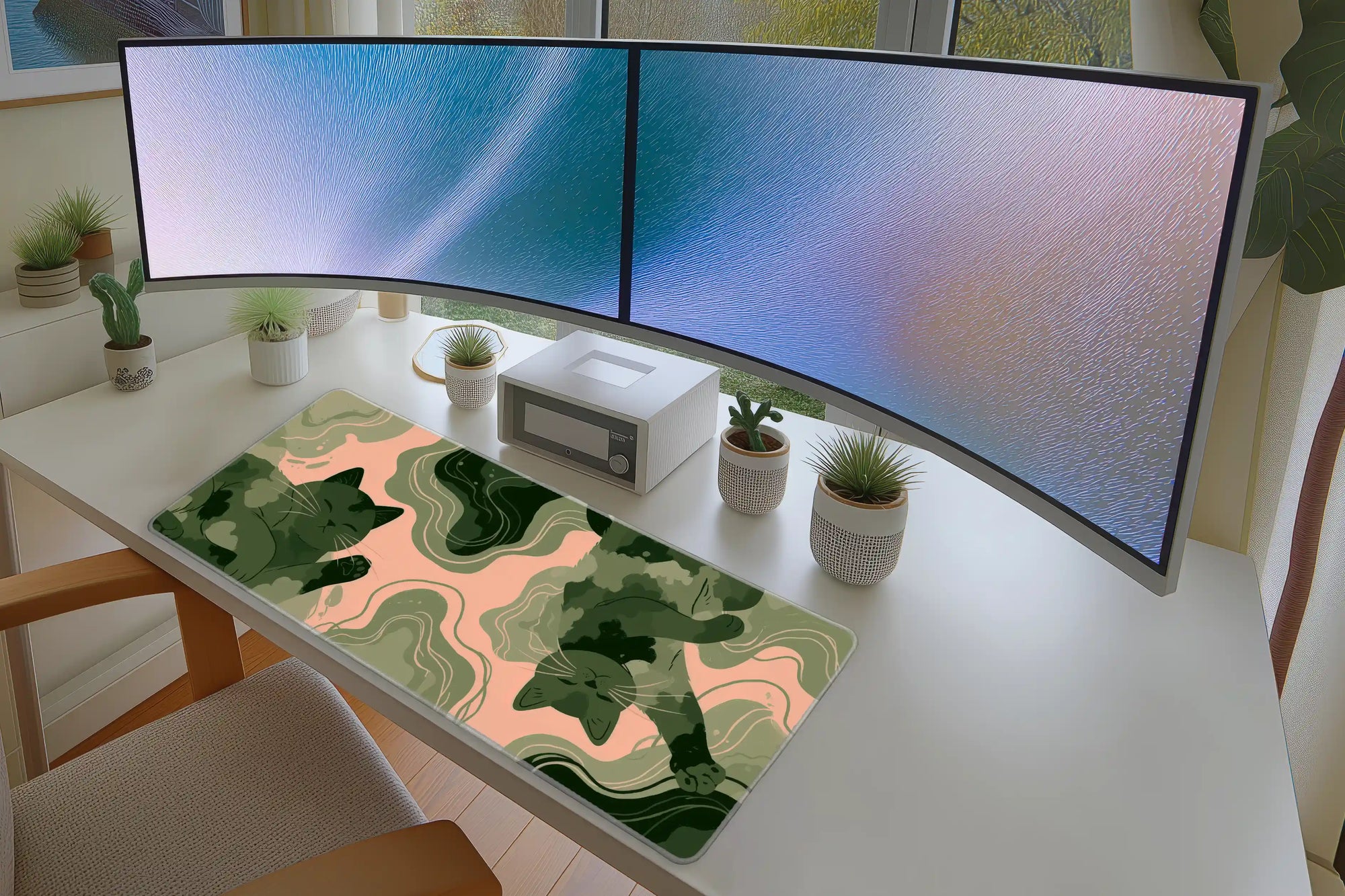 Green Abstract Cat Desk Mat | Modern Feline Mouse Pad in a full desk setup with keyboard, mouse, and office accessories