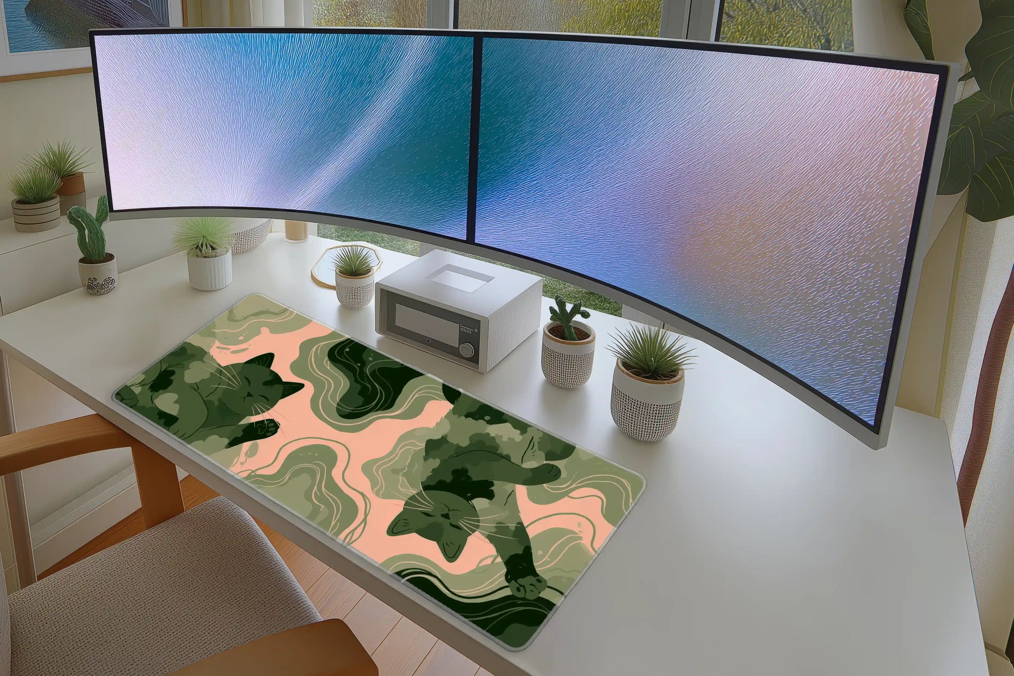 Green Abstract Cat Desk Mat | Modern Feline Mouse Pad in a full desk setup with keyboard, mouse, and office accessories