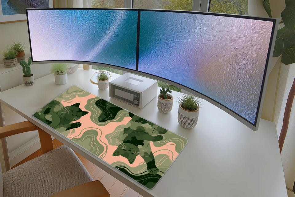 Green Abstract Cat Desk Mat | Modern Feline Mouse Pad in a full desk setup with keyboard, mouse, and office accessories
