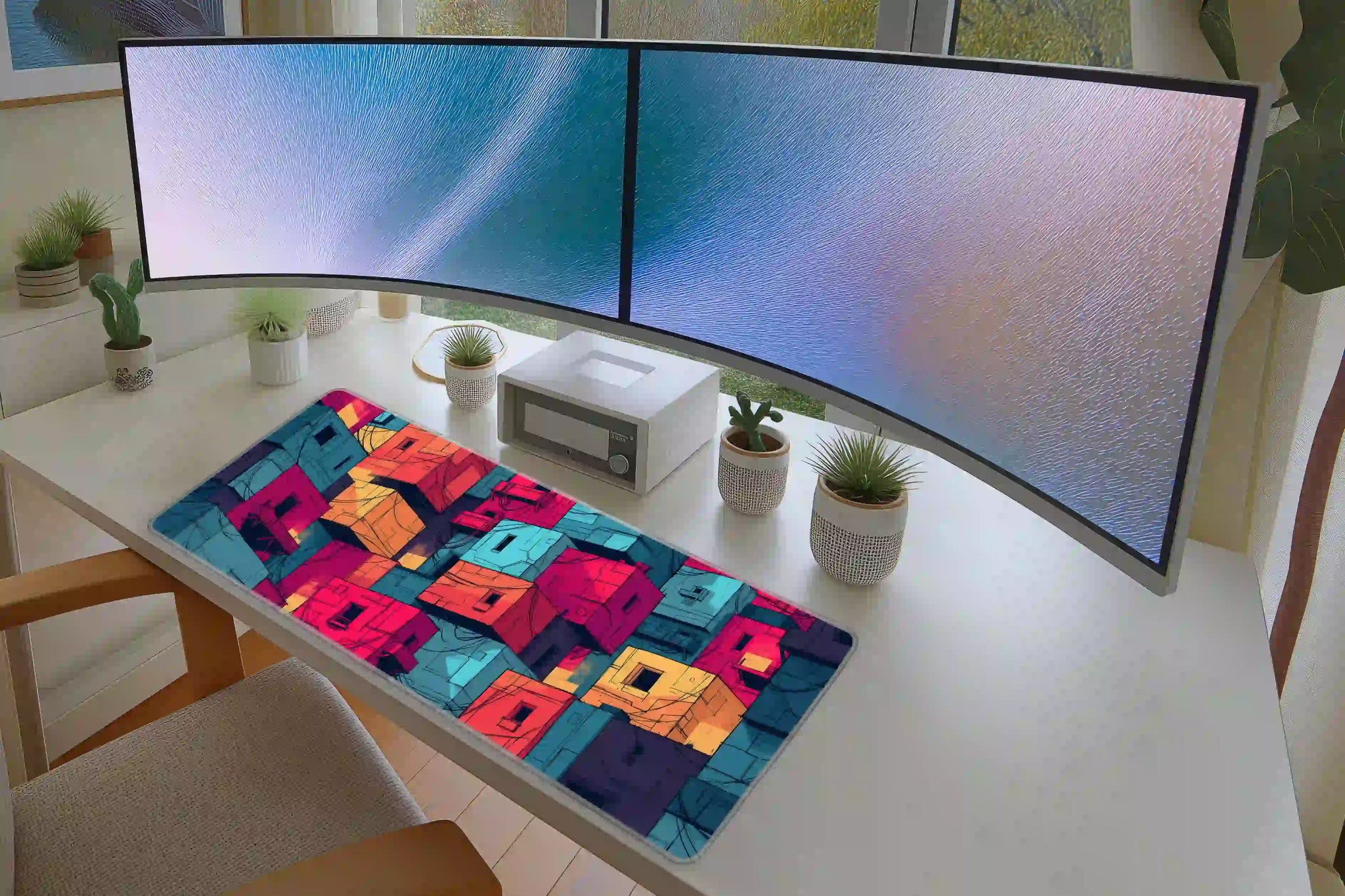 Full keyboard and mouse workspace using the Colorful Urban Blocks desk mat