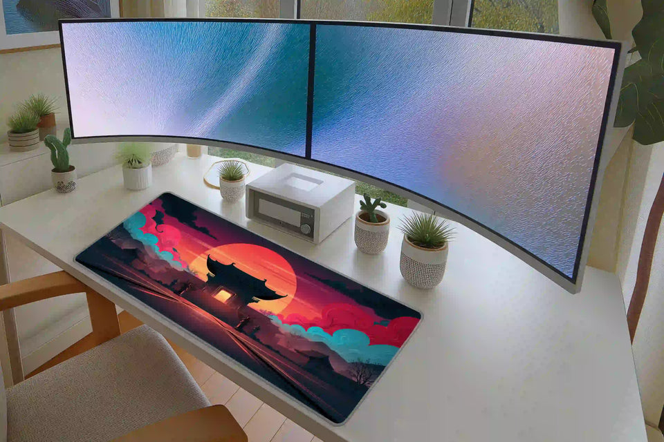 Asian Temple Sunset desk mat arranged under a keyboard and mouse on a student study desk