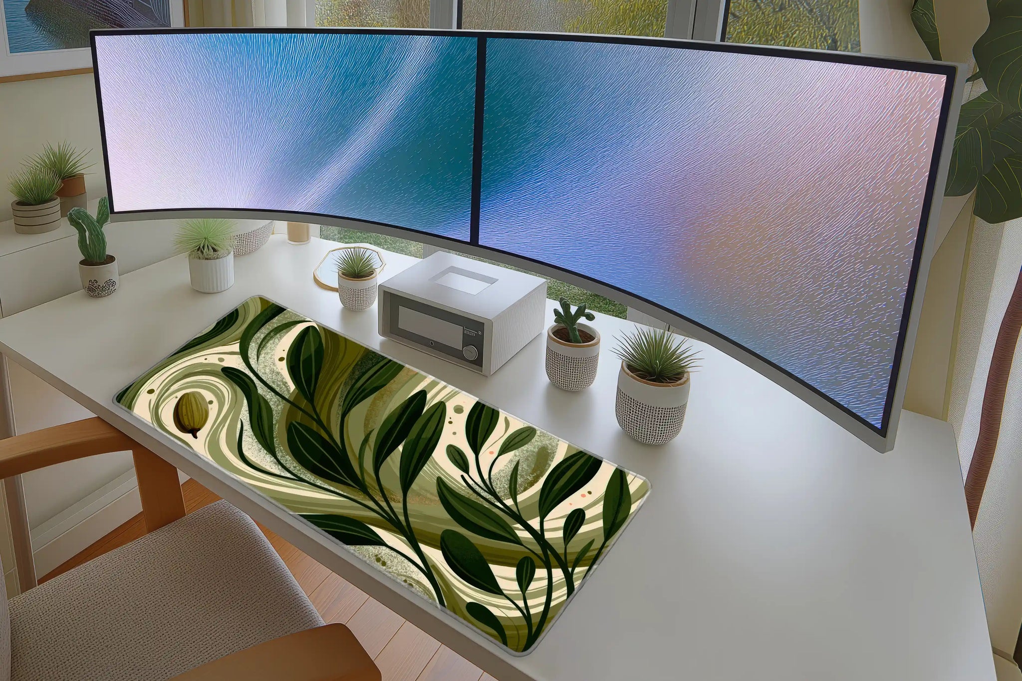 Botanical Olive Leaves desk mat wide surface for a keyboard and mouse layout