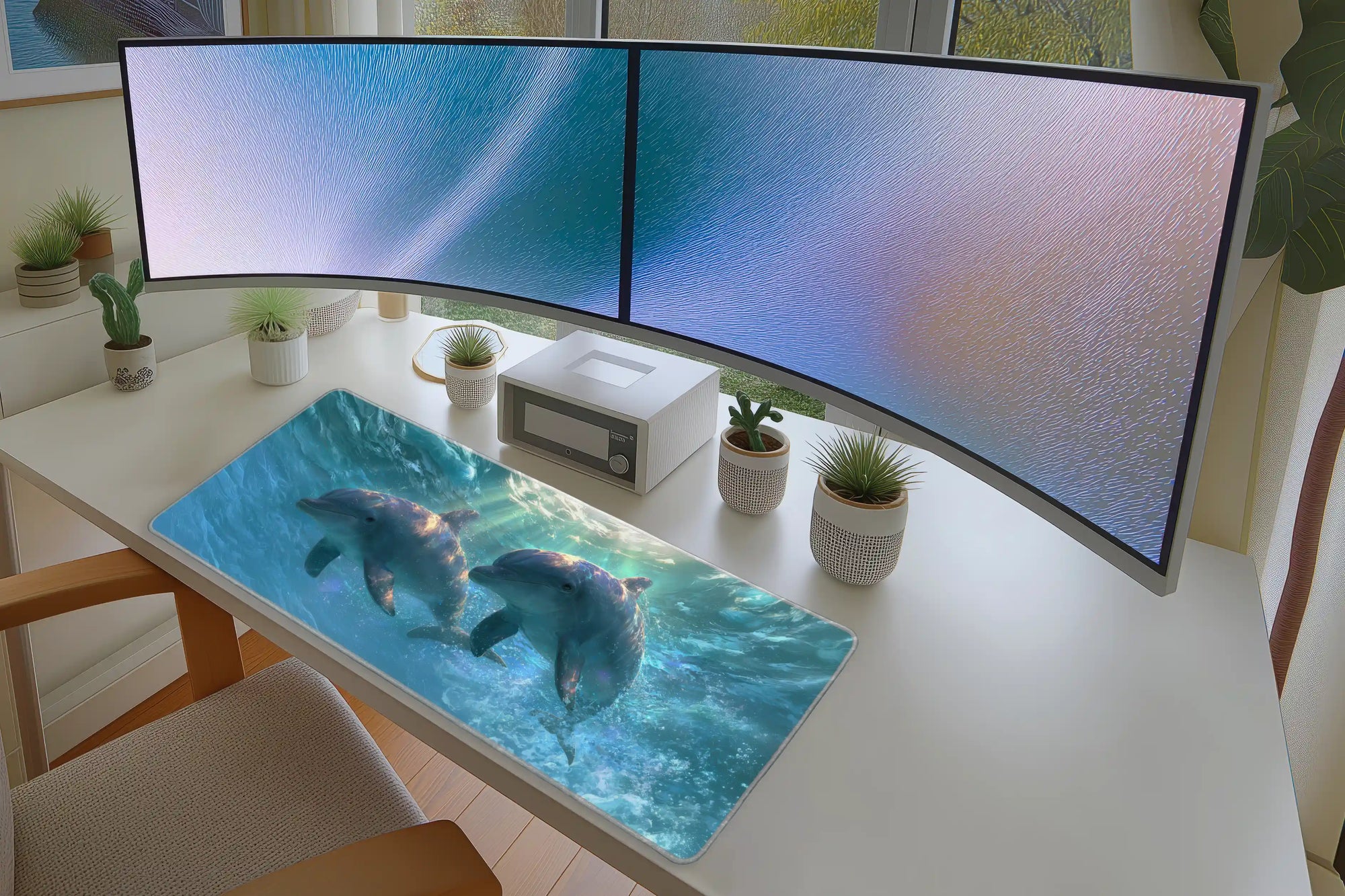 Swimming Dolphins Ocean desk mat wide surface for a keyboard and mouse layout