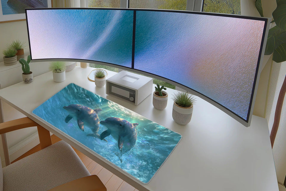 Swimming Dolphins Ocean – Underwater desk mat artwork and product view