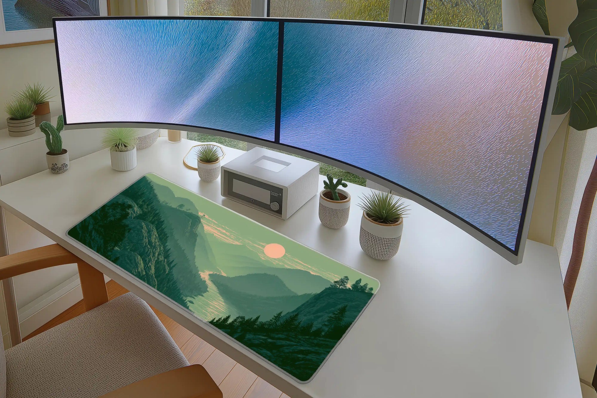 Misty Mountain River Desk Mat | Forest Mouse Pad in a full desk setup with keyboard, mouse, and office accessories