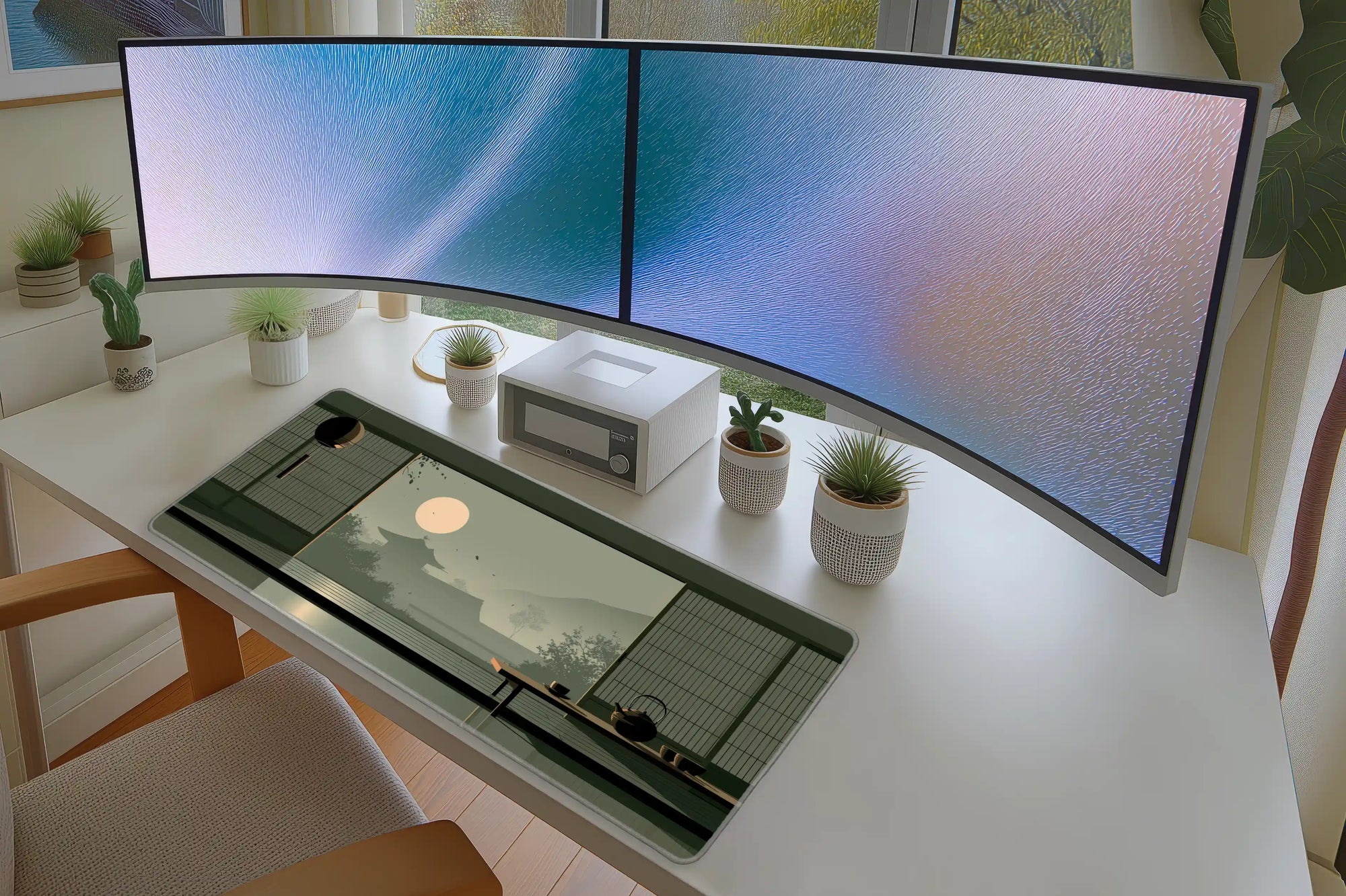 Zen Tea Room Desk Mat | Japanese Garden Mouse Pad in a full desk setup with keyboard, mouse, and office accessories