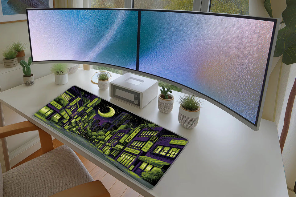 Pixel Art Neon City – Retro Night Street desk mat artwork and product view