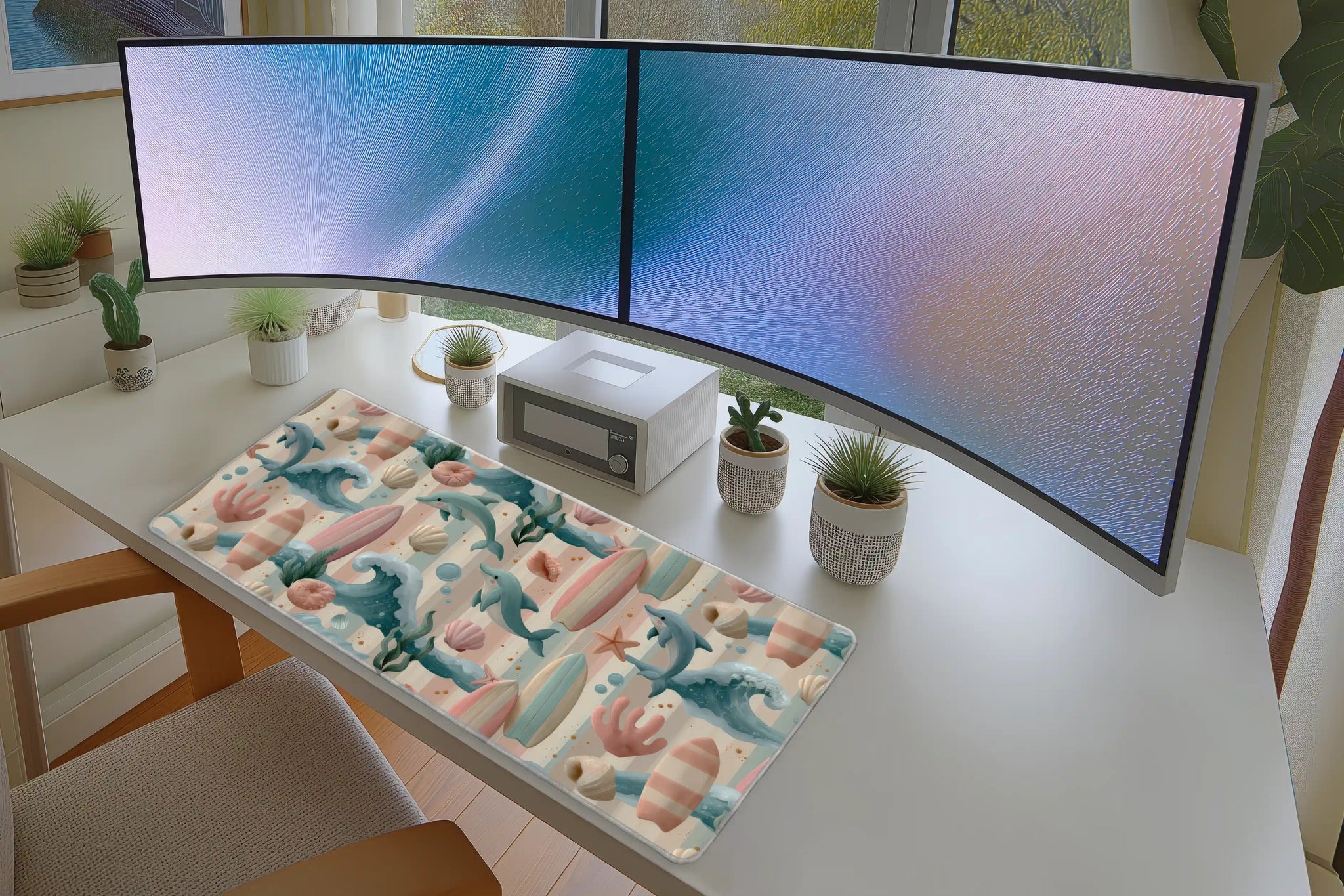 Pastel Dolphin Beach Pattern desk mat wide surface for a keyboard and mouse layout