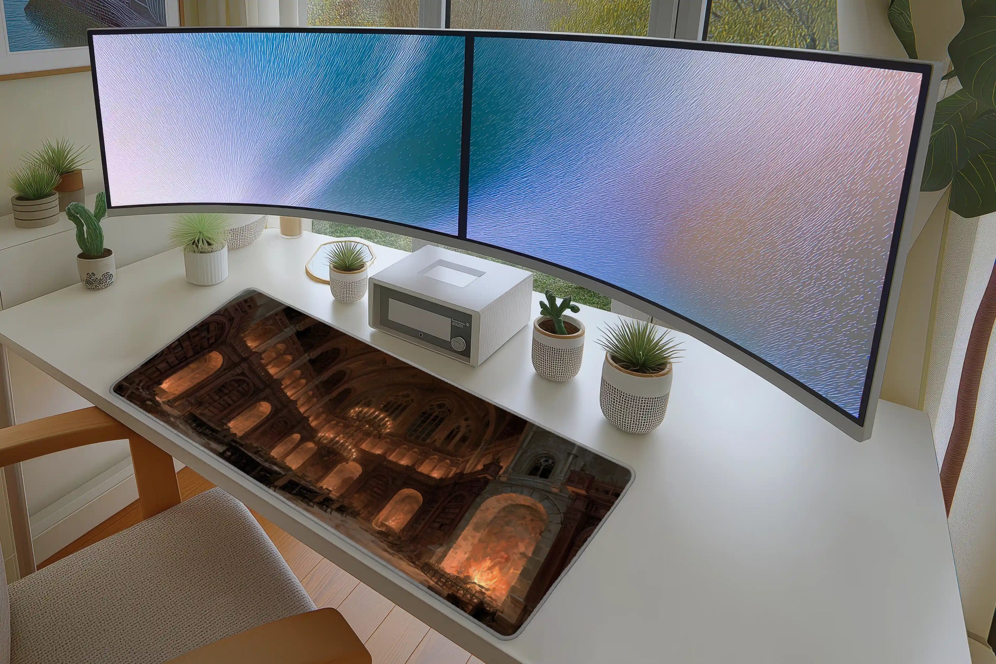 Lifestyle desk mockup of Gothic Great Hall Desk Mat | Firelight Chandeliers with keyboard and mouse layout