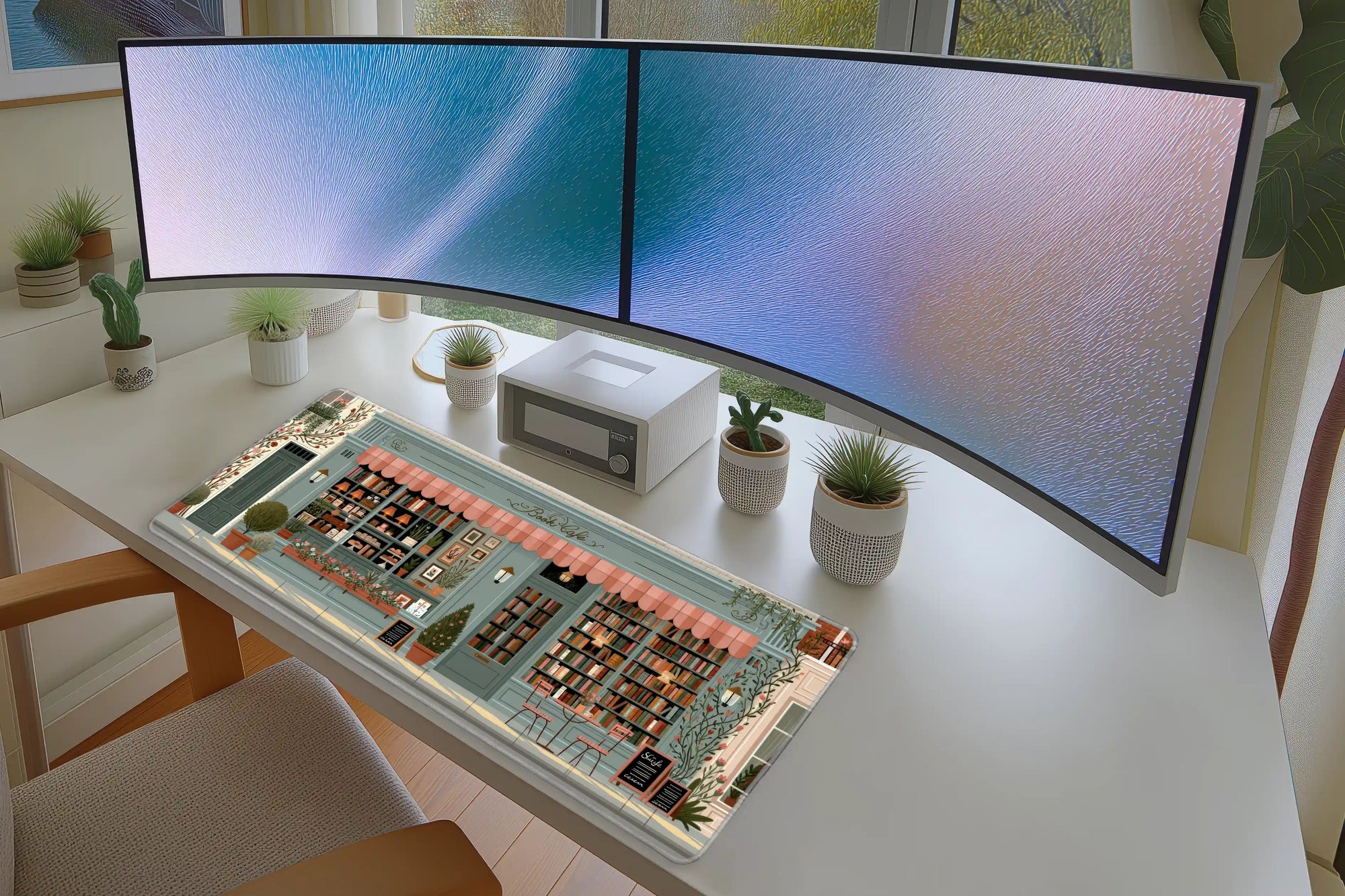 Pastel Book Cafe Desk Mat | Library Mouse Pad in a full desk setup with keyboard, mouse, and office accessories