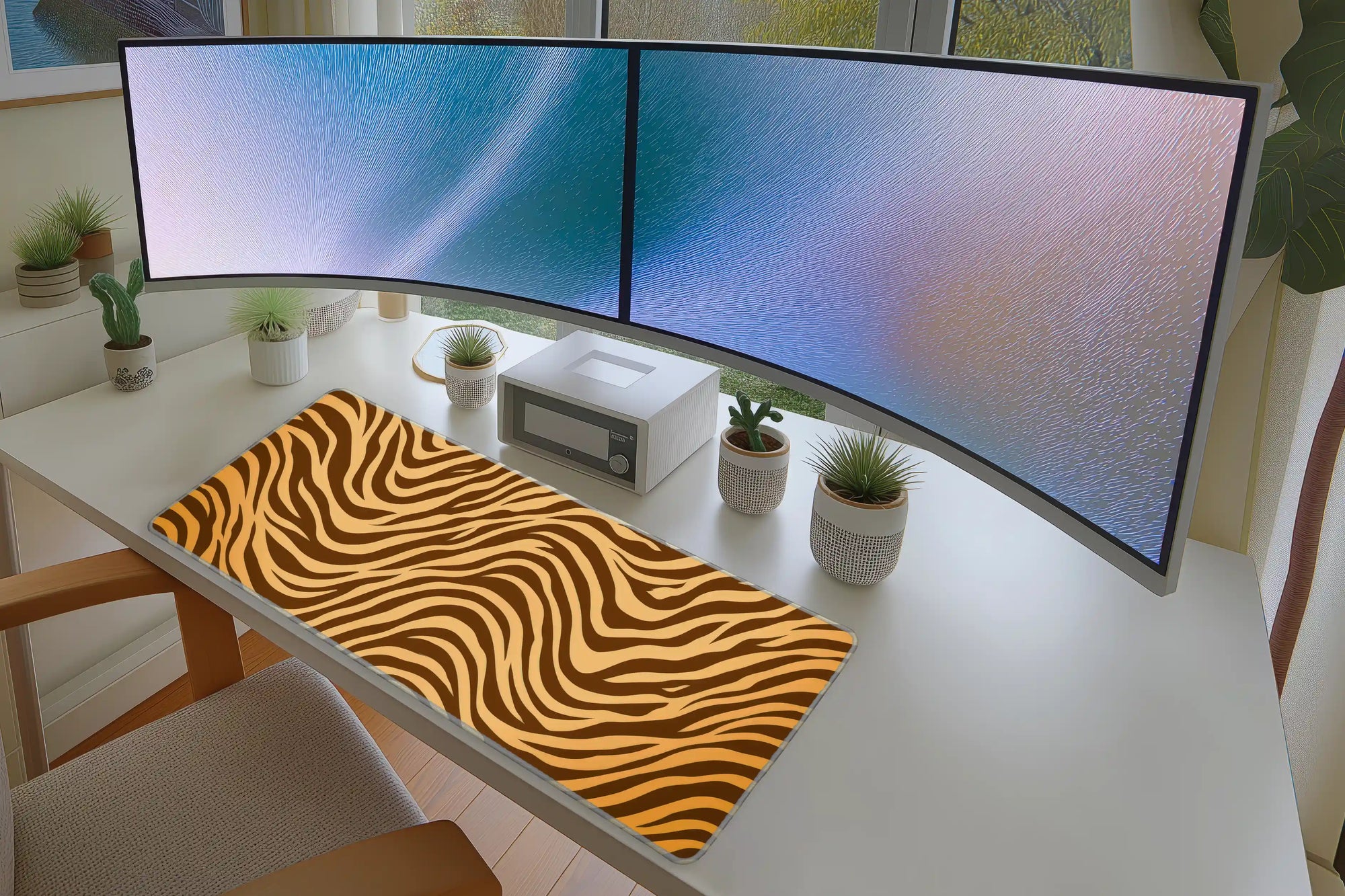 Tiger Stripe Animal Print desk mat wide surface for a keyboard and mouse layout