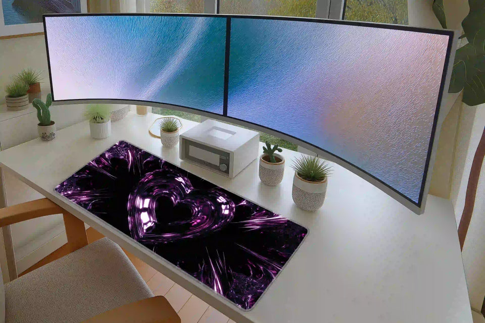 Pink and purple chrome heart Y2K mouse pad in a full student or gaming desk setup