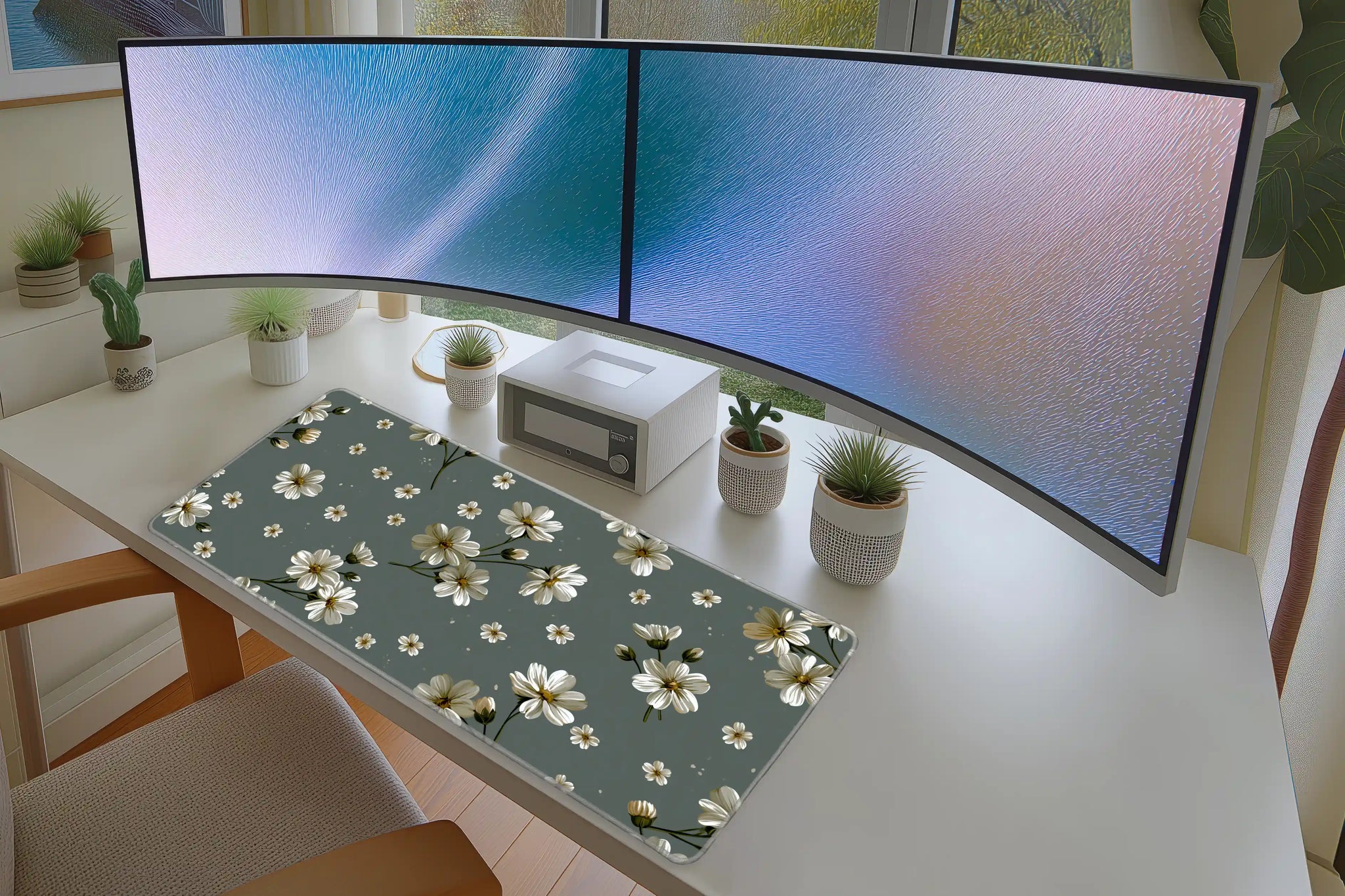 White Daisy Floral Desk Mat | Sage Botanical Mouse Pad in a full desk setup with keyboard, mouse, and office accessories