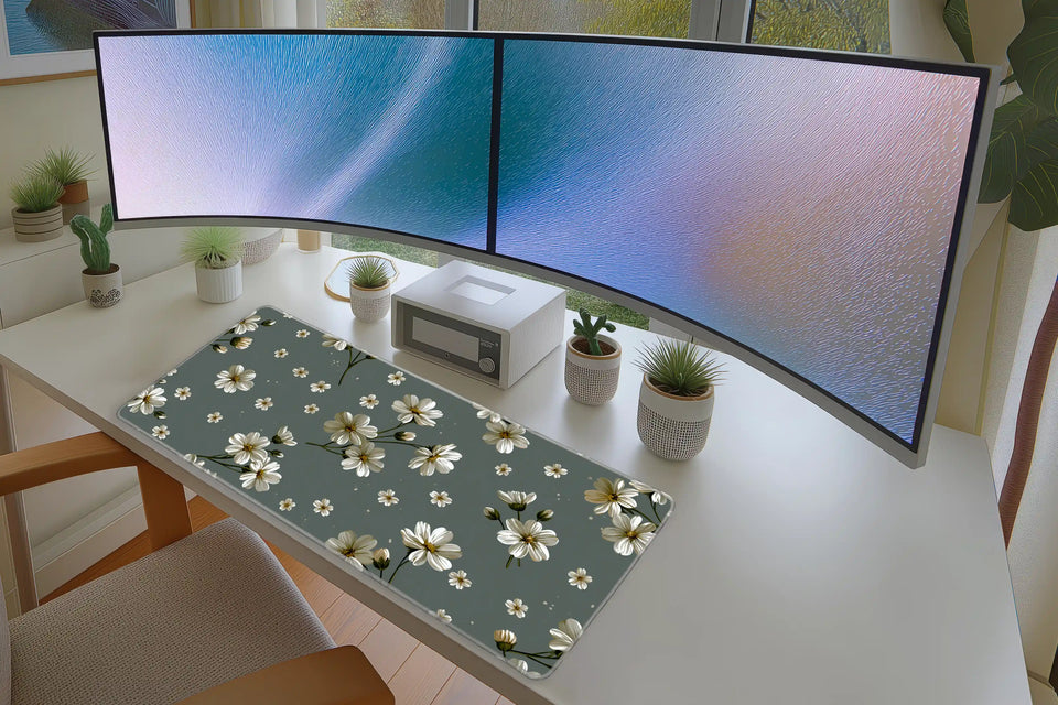 White Daisy Floral Desk Mat | Sage Botanical Mouse Pad in a full desk setup with keyboard, mouse, and office accessories