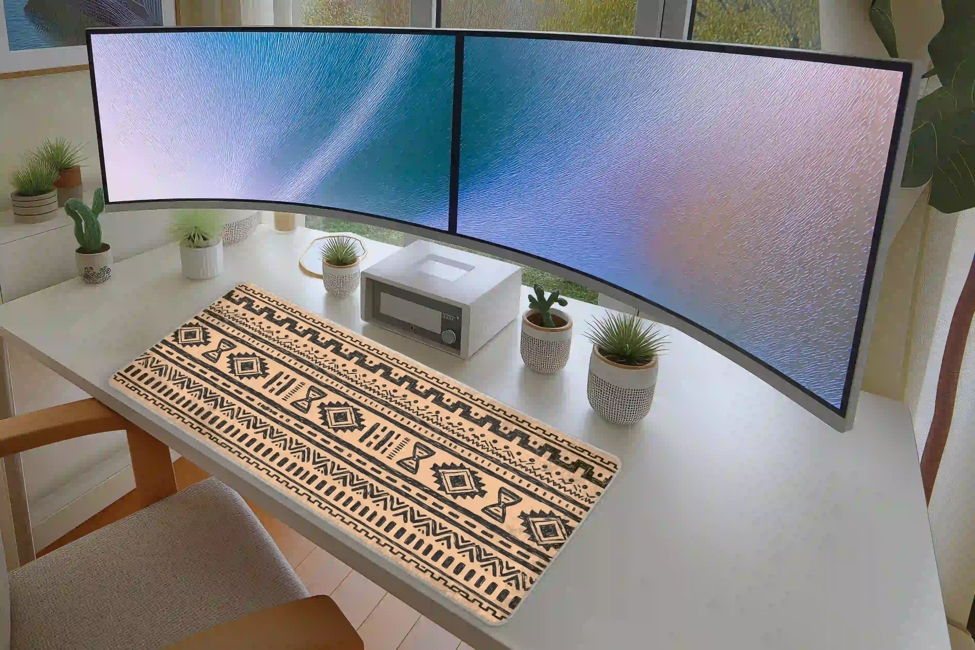 Afrohemian Mudcloth desk mat in a full desk setup with a keyboard and mouse layout